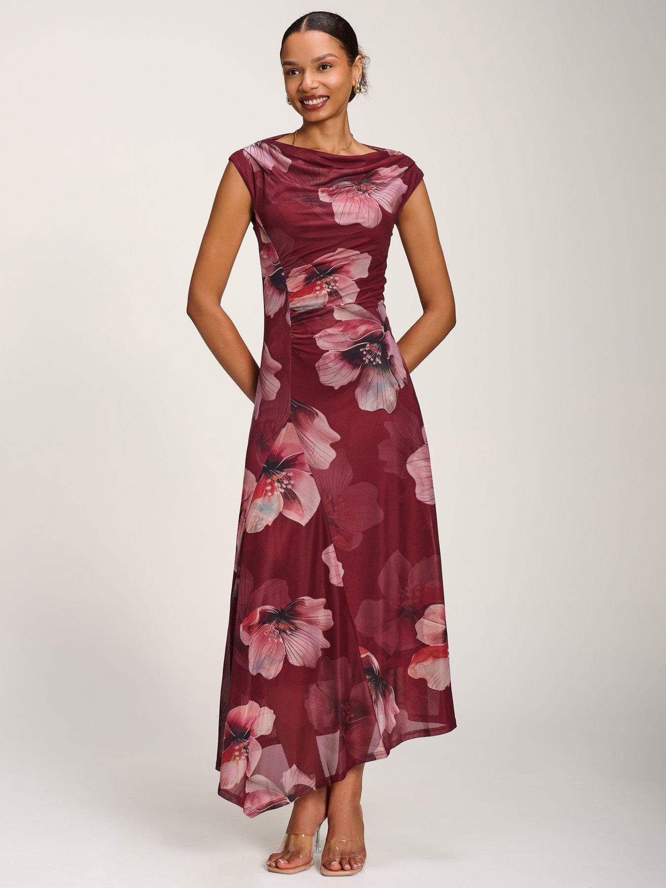 Image 7 of 7 of Jolie Moi Asymmetric Draped Mesh Maxi Dress - Red