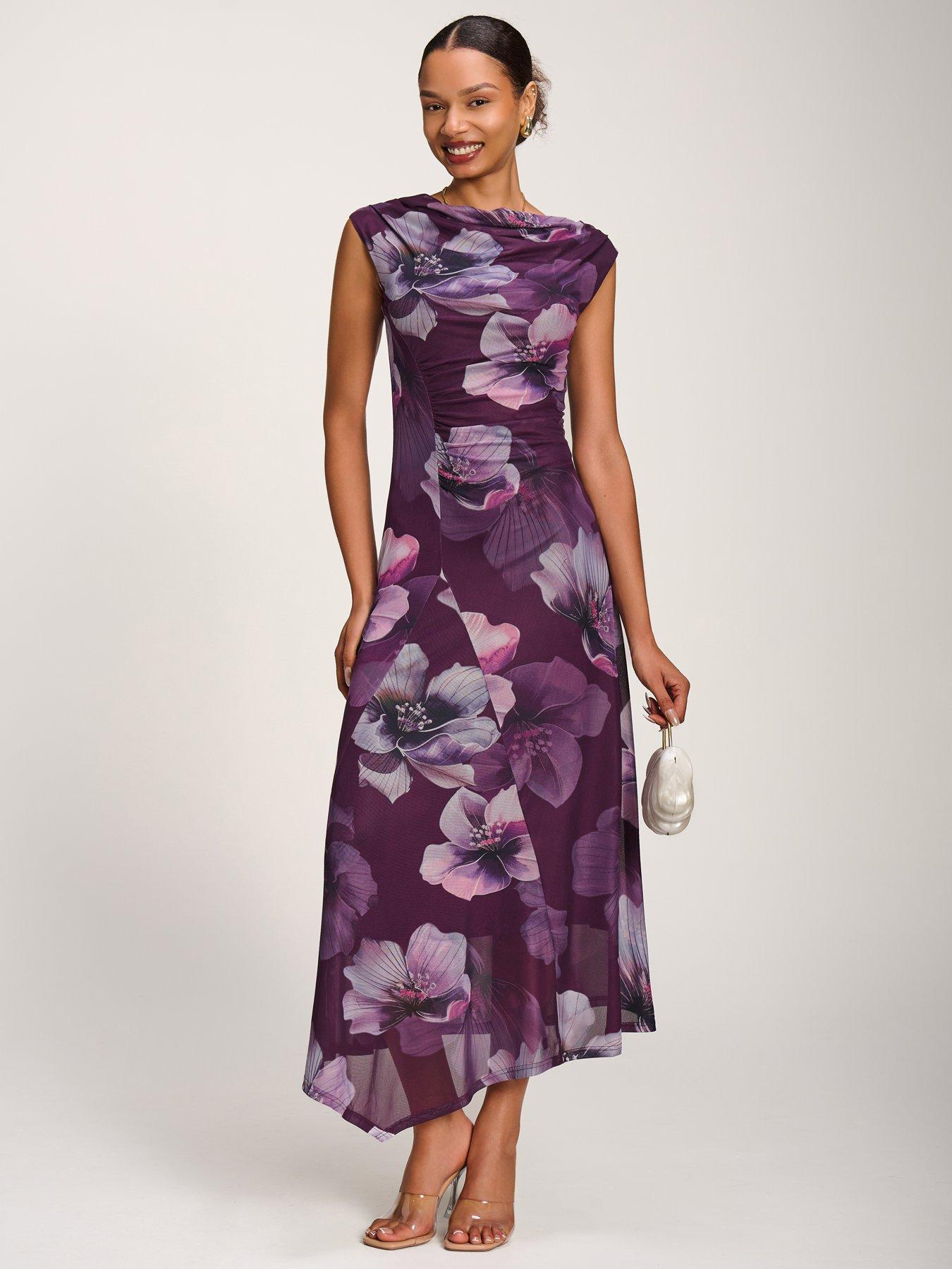 Jolie Moi Asymmetric Draped Mesh Maxi Dress - Purple