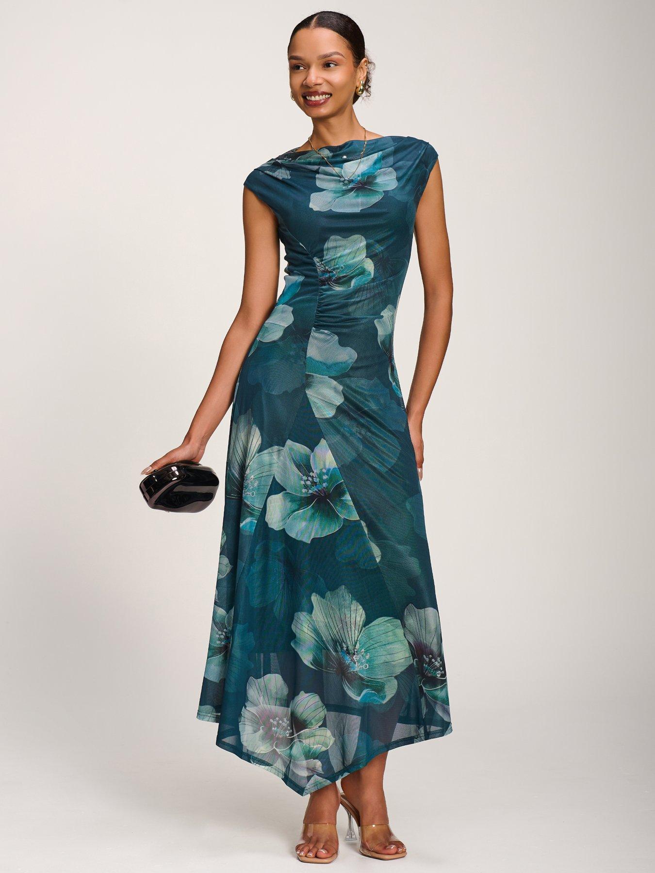 Image 1 of 7 of Jolie Moi Asymmetric Draped Mesh Maxi Dress - Green