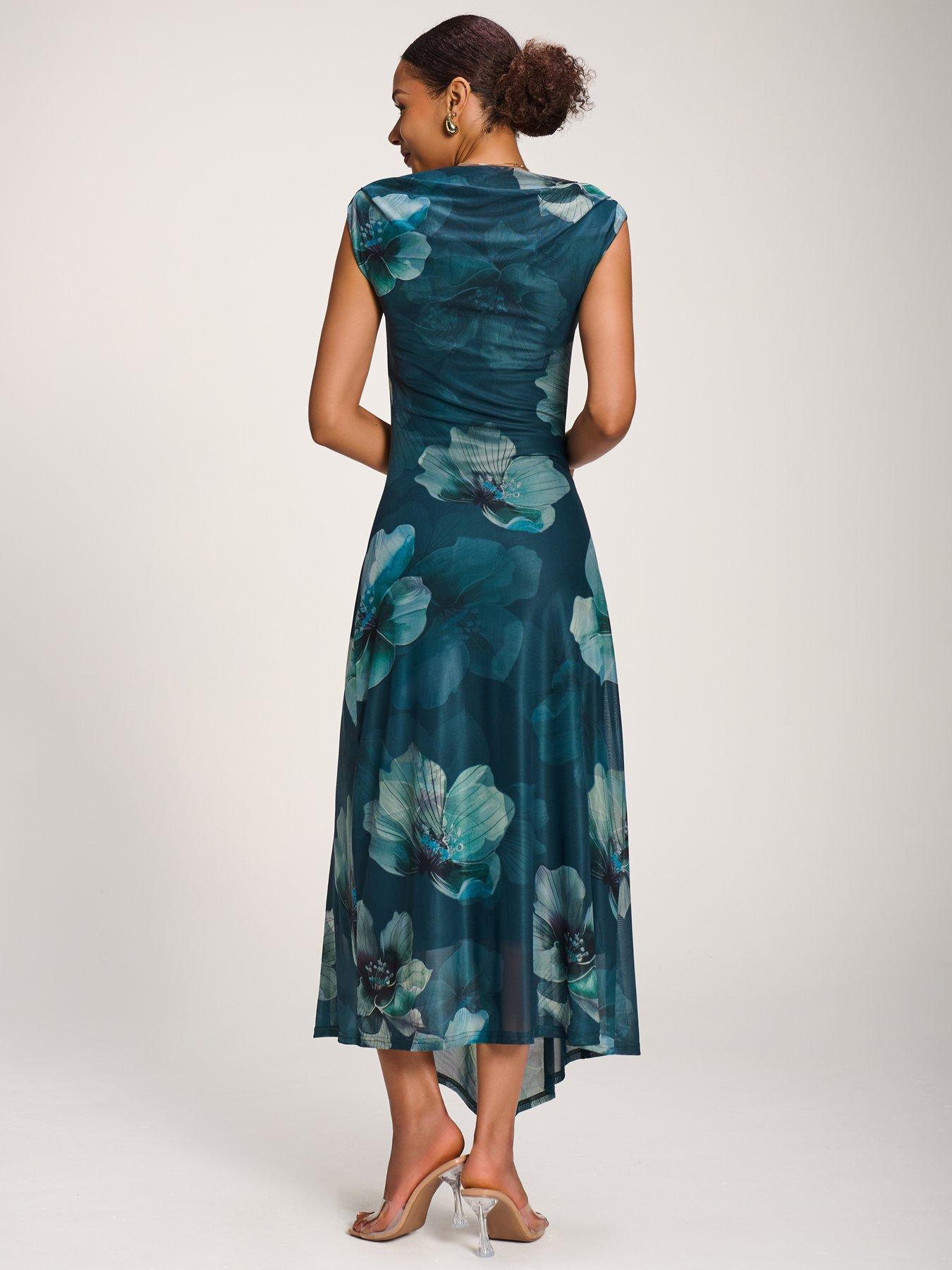 Image 2 of 7 of Jolie Moi Asymmetric Draped Mesh Maxi Dress - Green