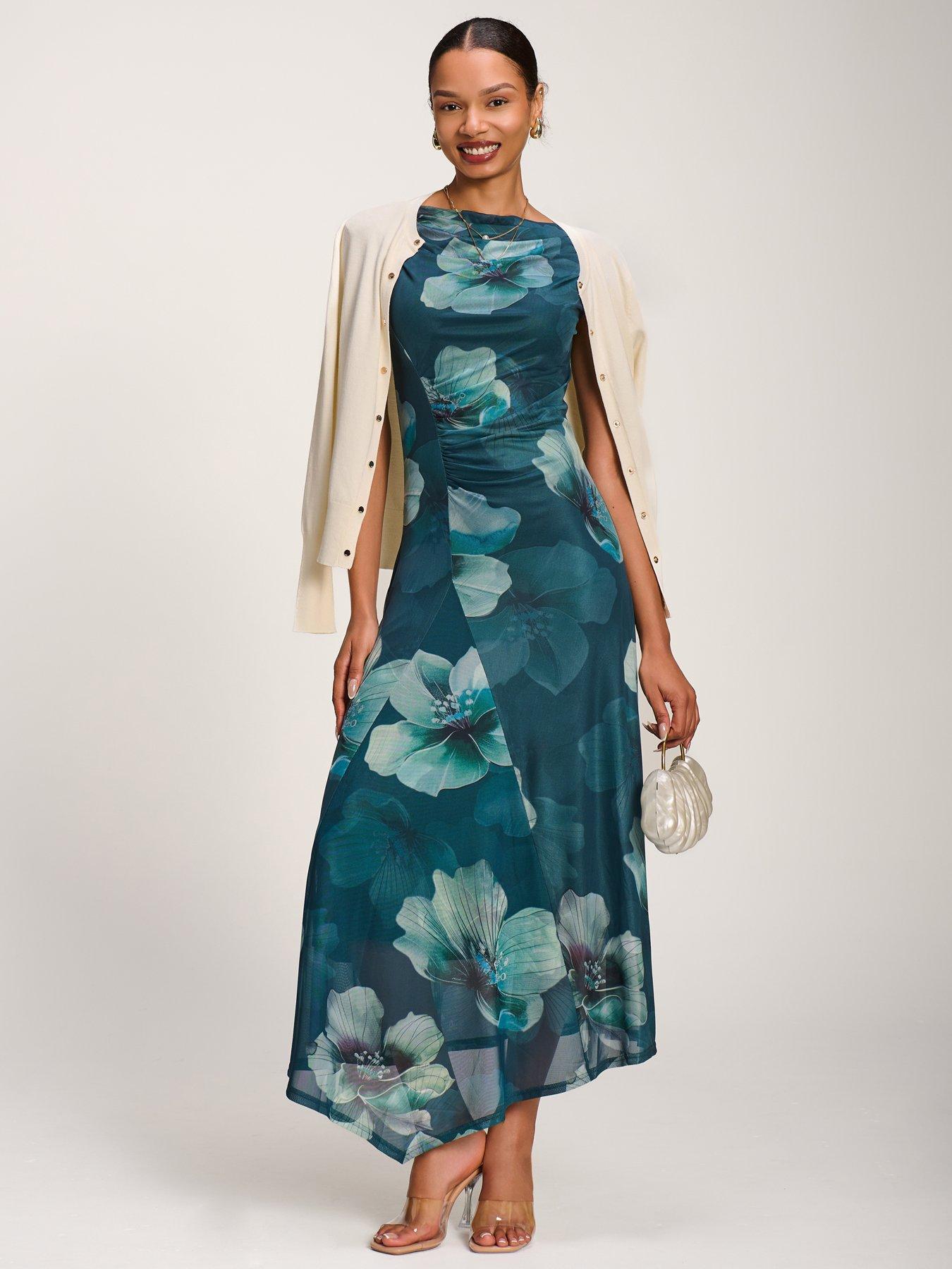 Image 3 of 7 of Jolie Moi Asymmetric Draped Mesh Maxi Dress - Green