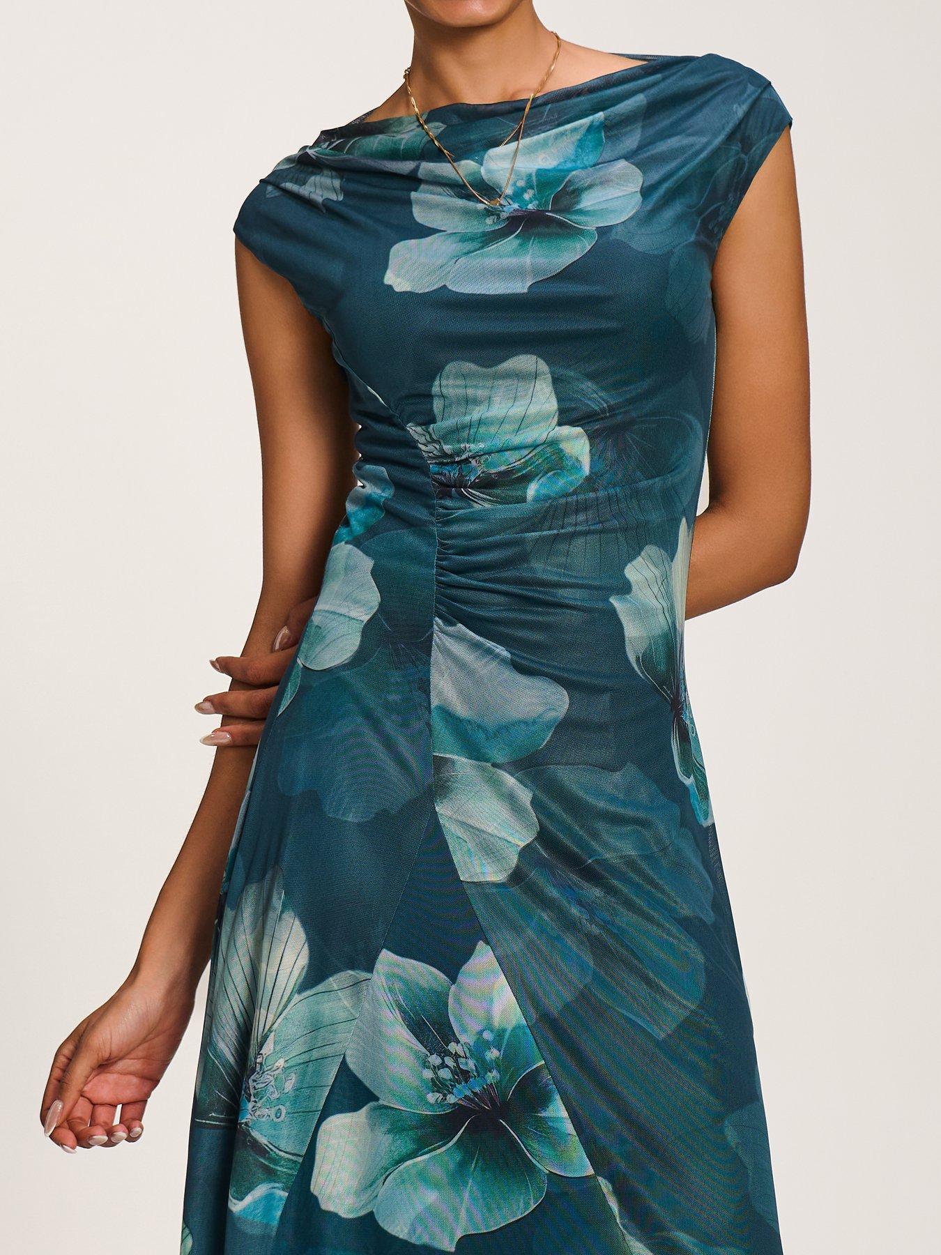 Image 4 of 7 of Jolie Moi Asymmetric Draped Mesh Maxi Dress - Green