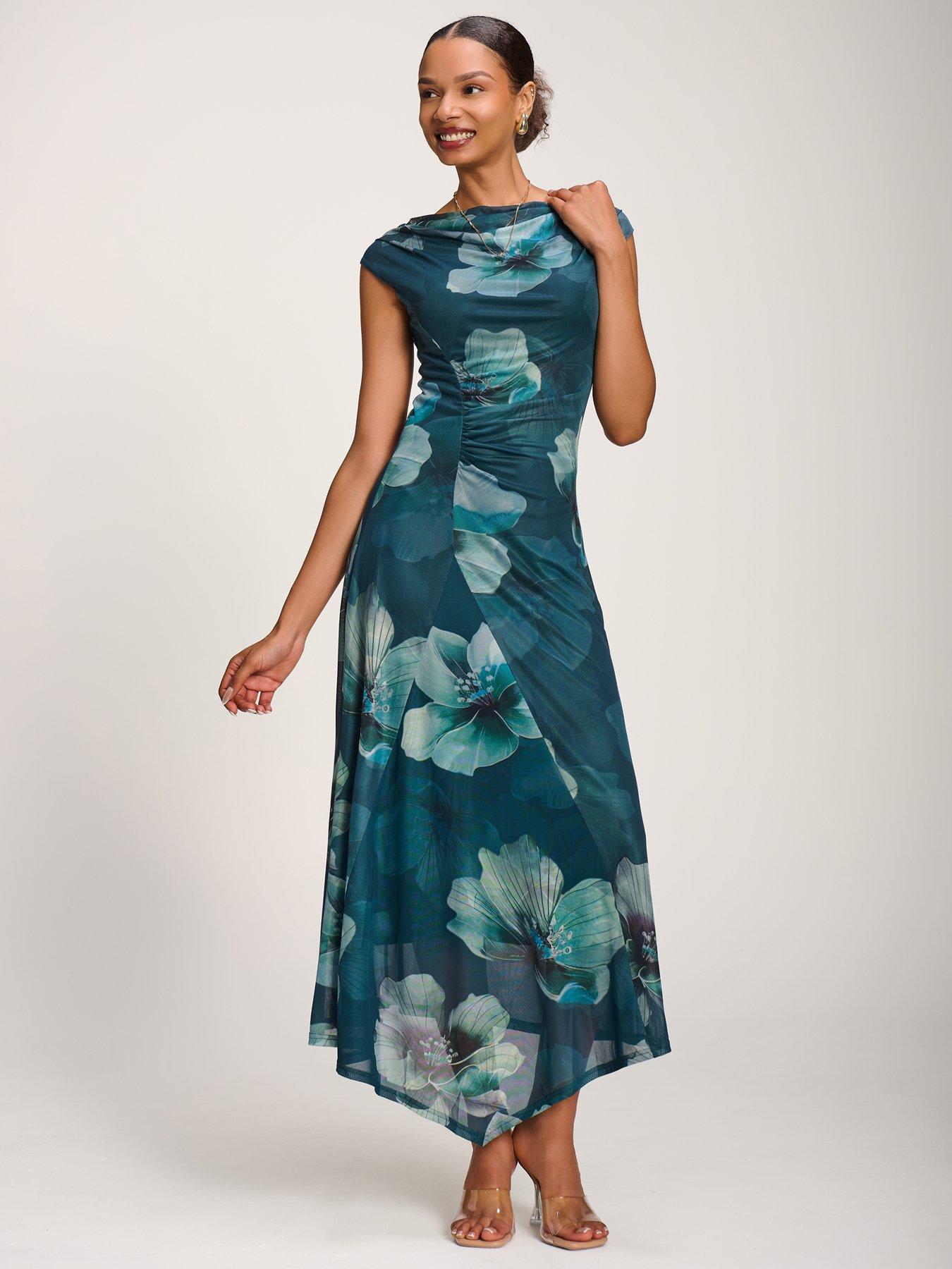 Image 5 of 7 of Jolie Moi Asymmetric Draped Mesh Maxi Dress - Green