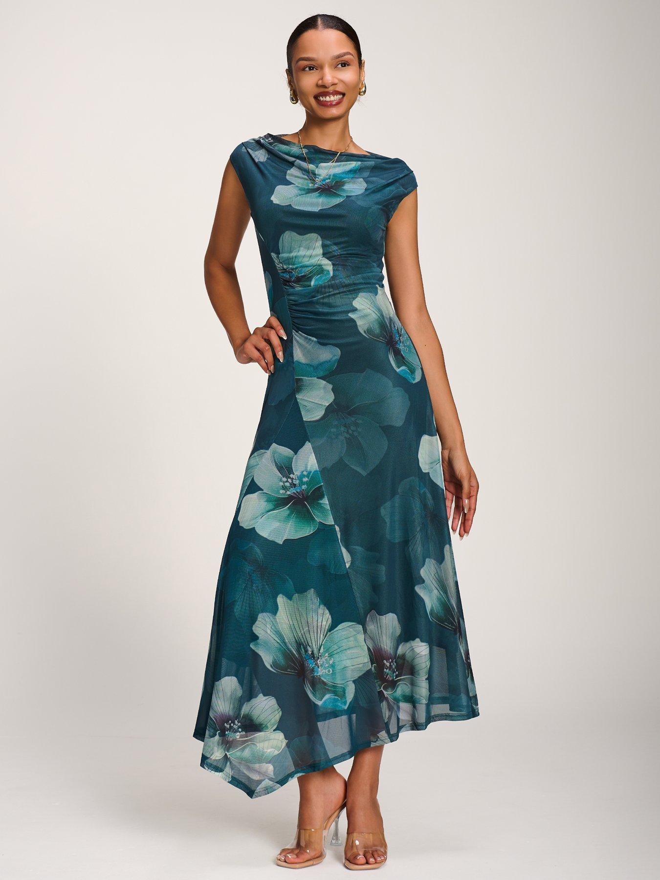 Image 6 of 7 of Jolie Moi Asymmetric Draped Mesh Maxi Dress - Green