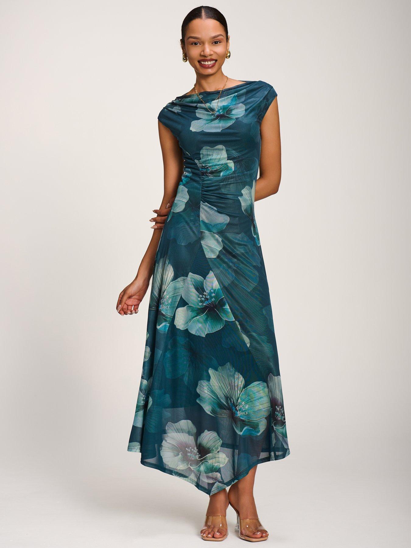 Image 7 of 7 of Jolie Moi Asymmetric Draped Mesh Maxi Dress - Green