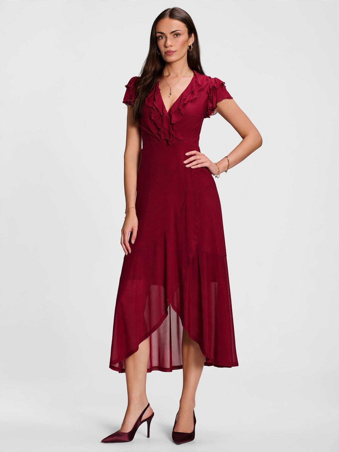 Jolie Moi Ruffled Mesh Maxi Dress - Red