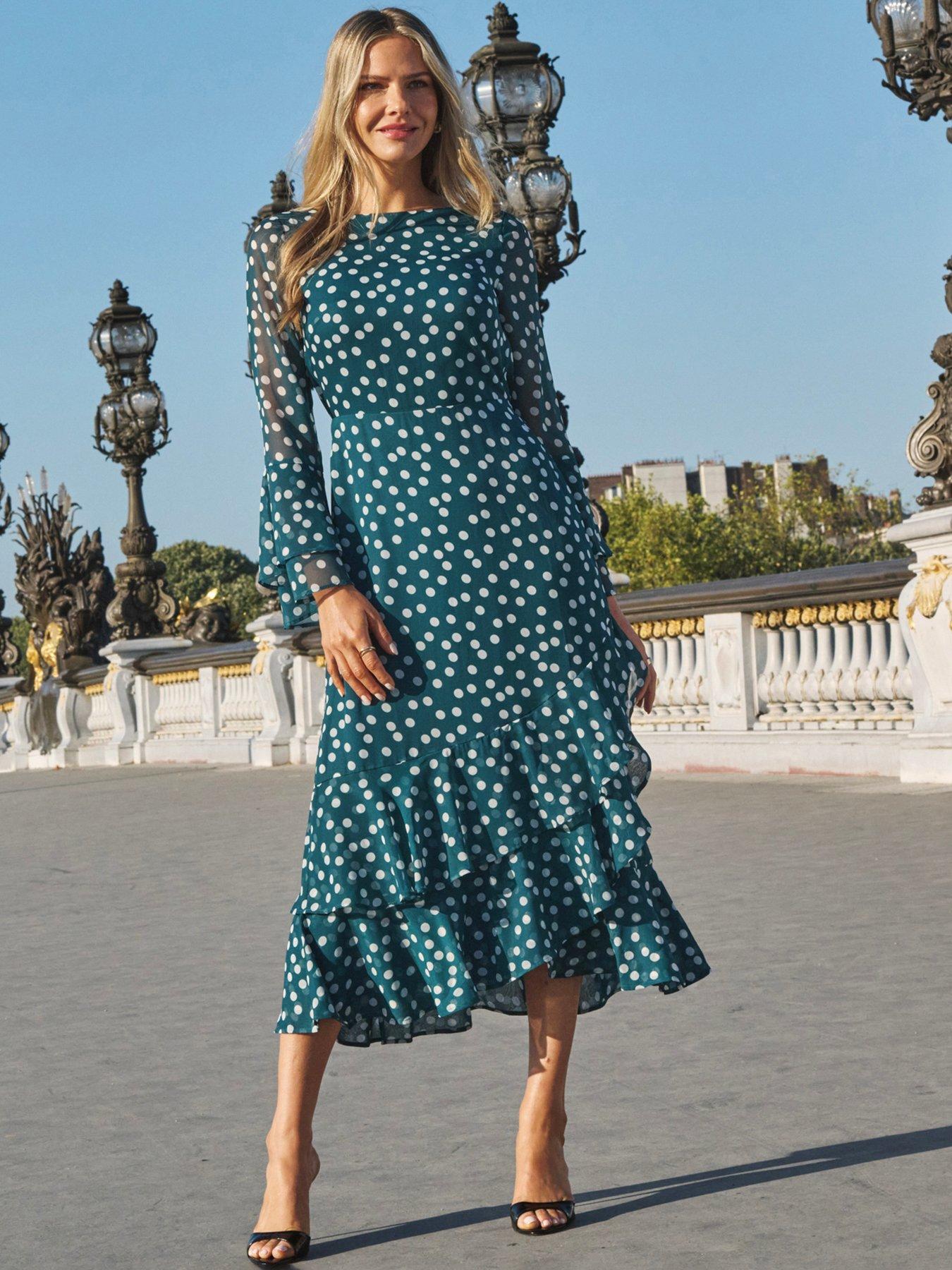 Sosandar Spot Print Ruffle Hem Fit  &  Flare Midaxi Dress - Green