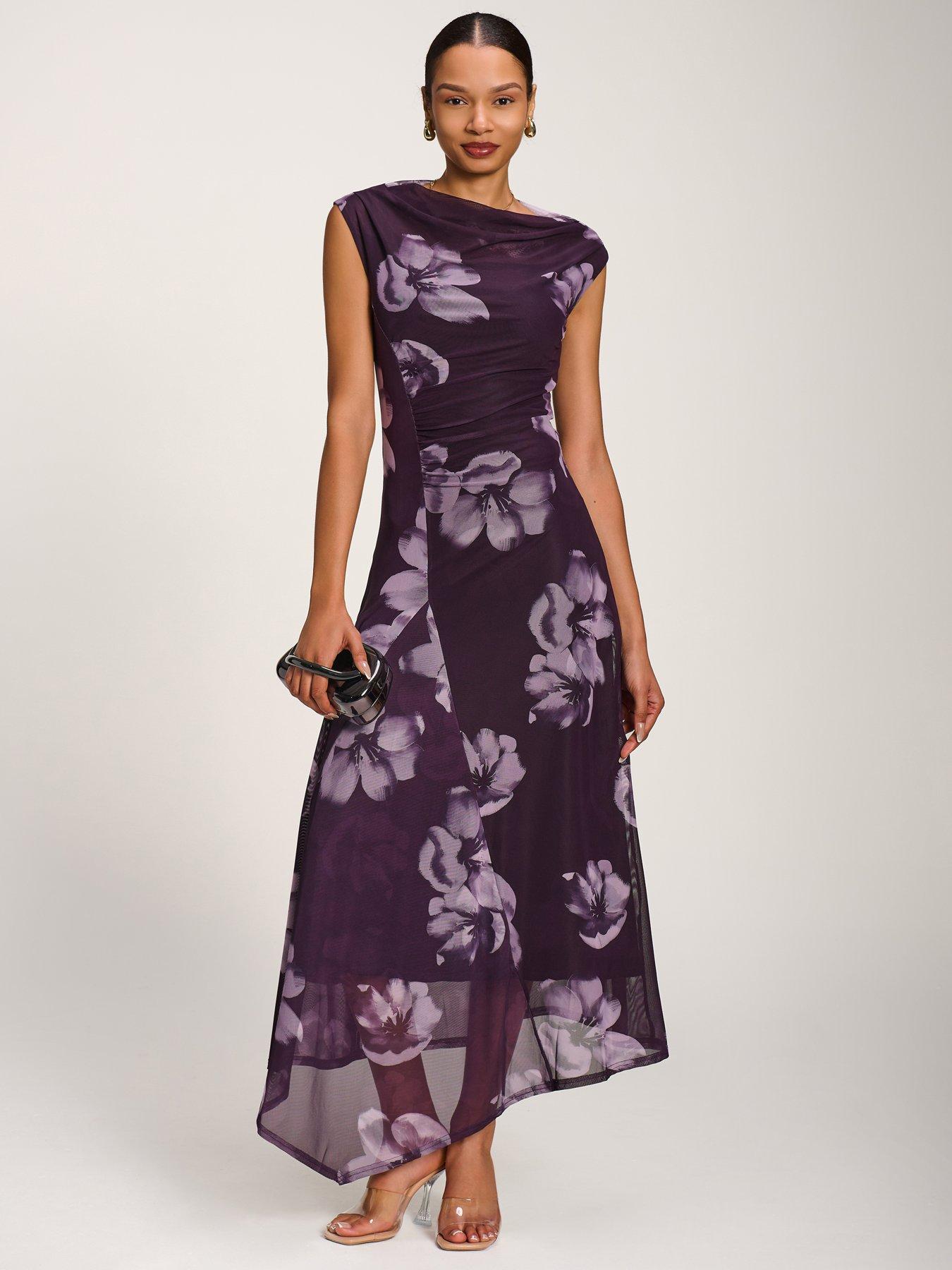 Image 1 of 7 of Jolie Moi Asymmetric Draped Mesh Maxi Dress - Purple
