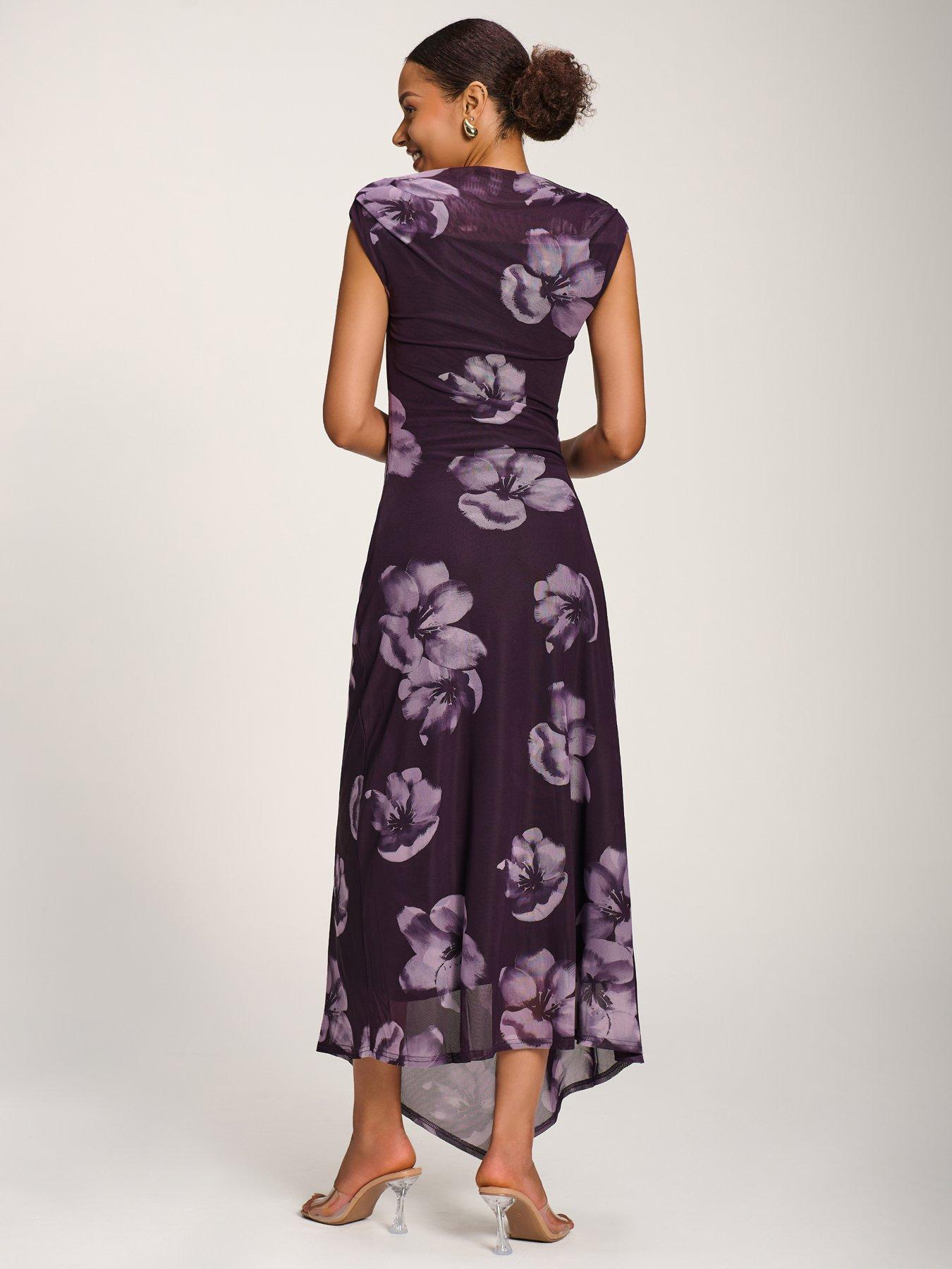 Image 2 of 7 of Jolie Moi Asymmetric Draped Mesh Maxi Dress - Purple