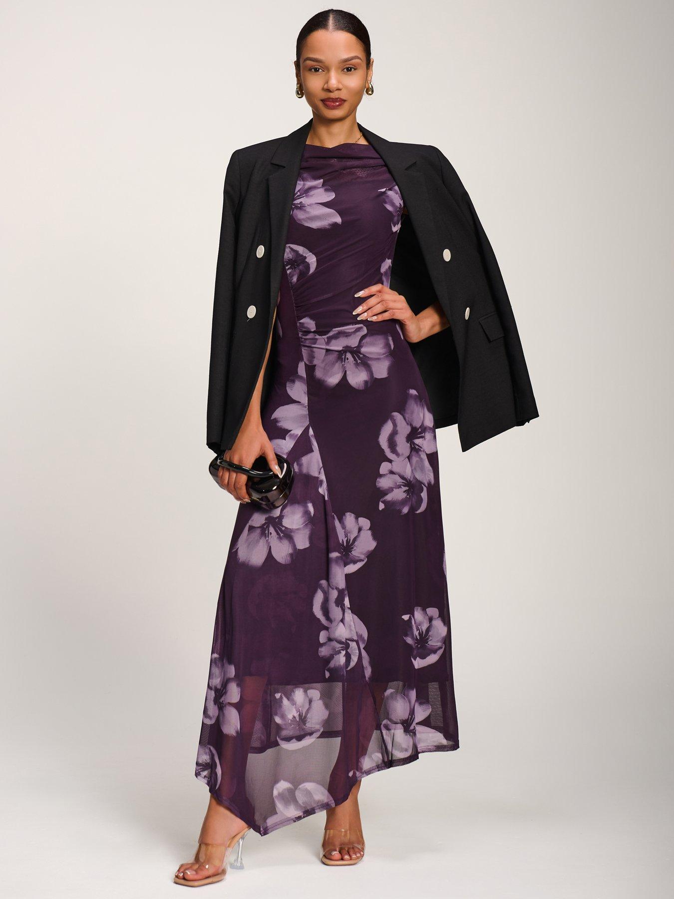 Image 3 of 7 of Jolie Moi Asymmetric Draped Mesh Maxi Dress - Purple