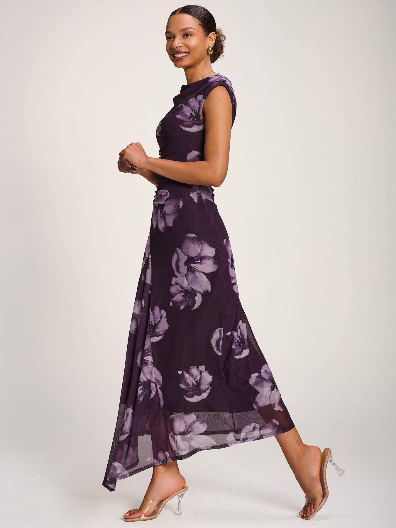 Image 5 of 7 of Jolie Moi Asymmetric Draped Mesh Maxi Dress - Purple