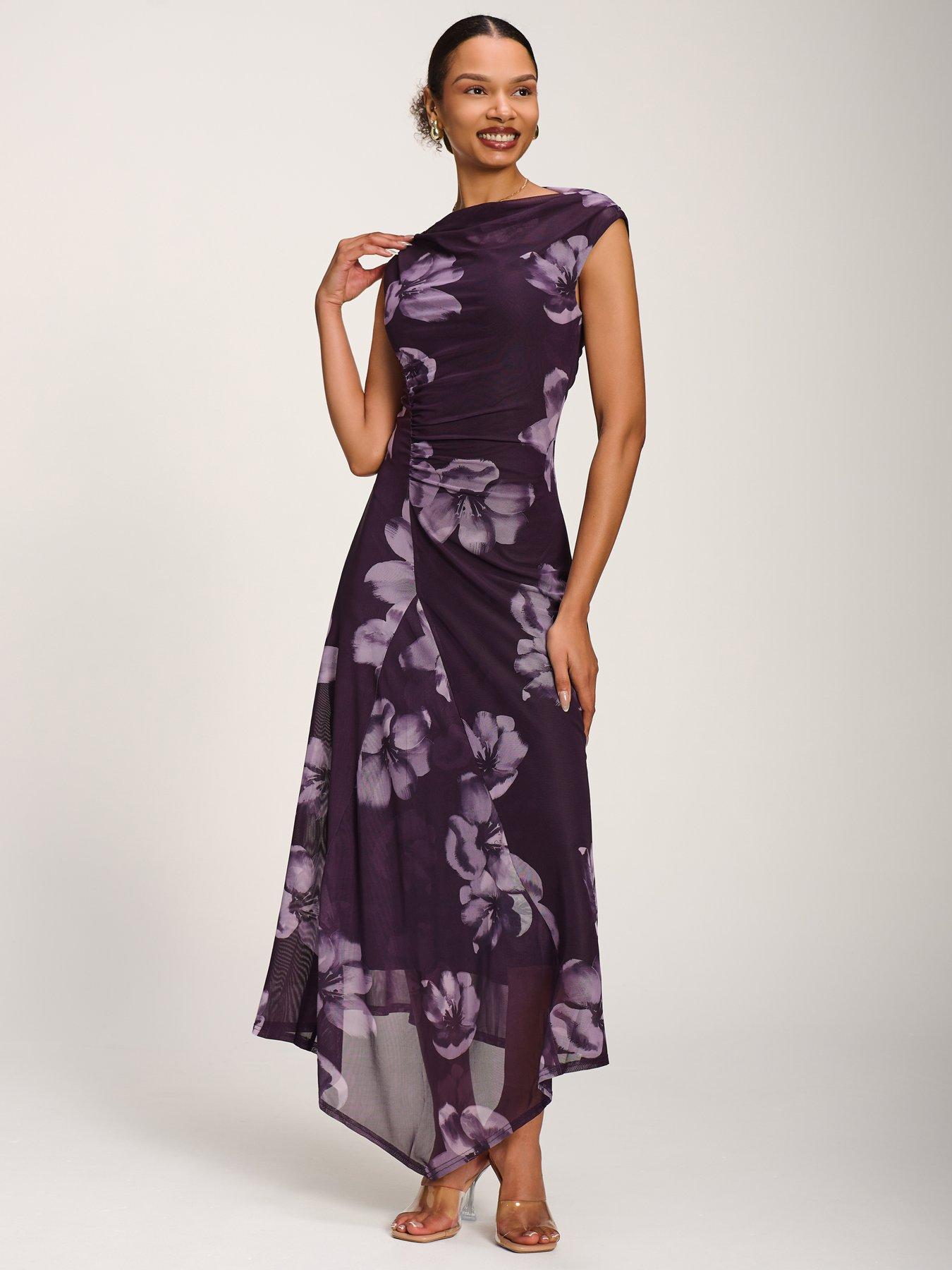 Image 6 of 7 of Jolie Moi Asymmetric Draped Mesh Maxi Dress - Purple