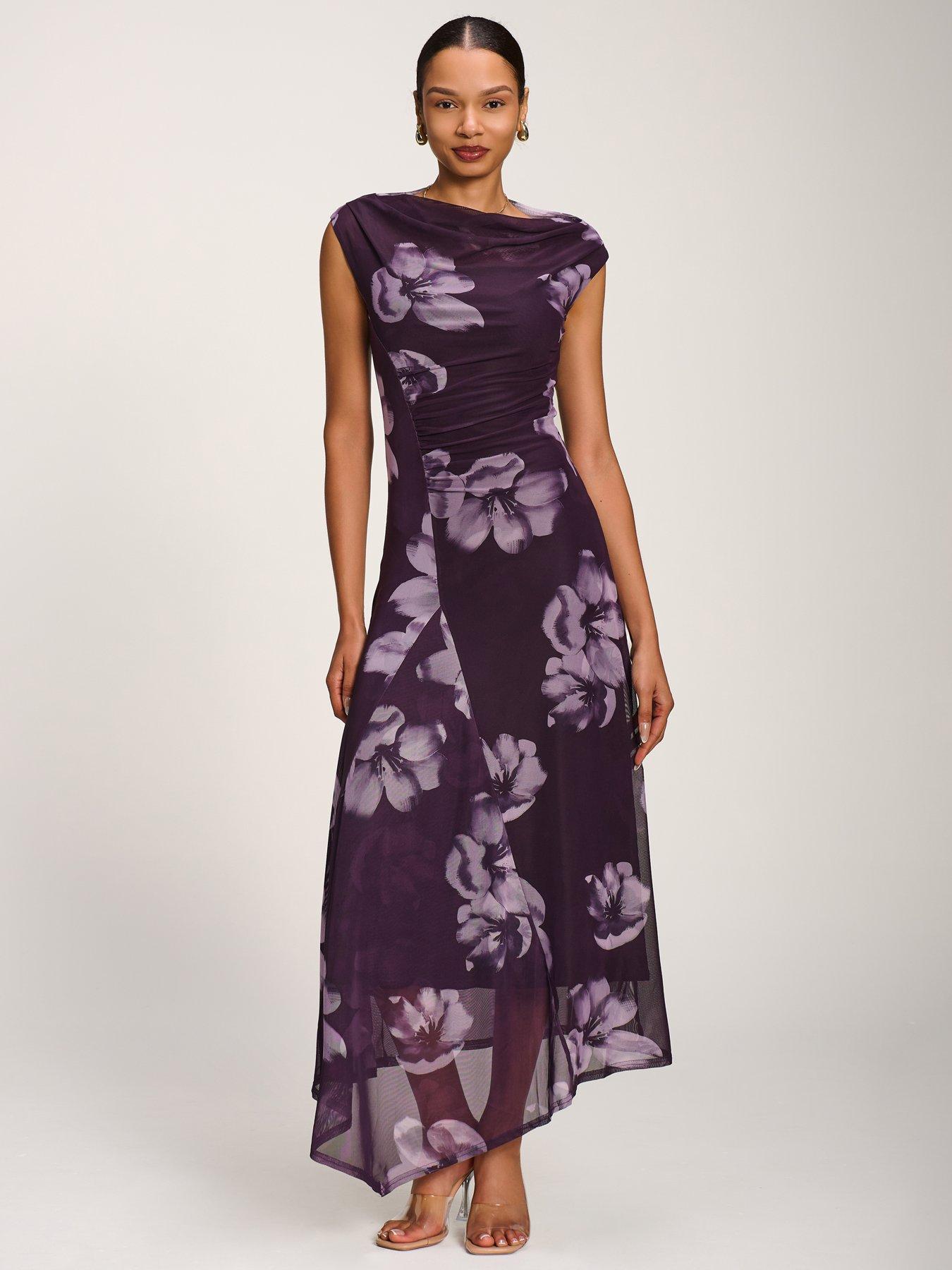 Image 7 of 7 of Jolie Moi Asymmetric Draped Mesh Maxi Dress - Purple