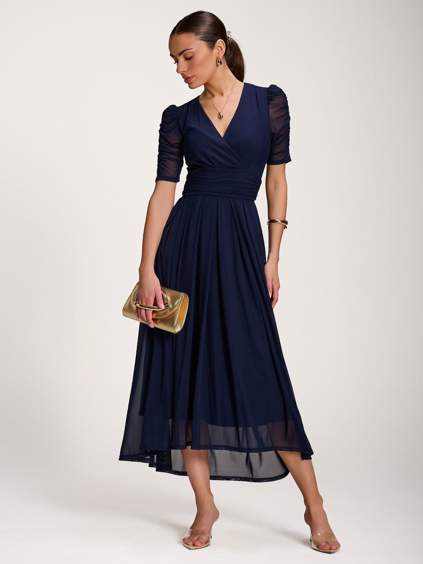 Jolie Moi Mesh Ruched Sleeve Maxi Dress - Navy