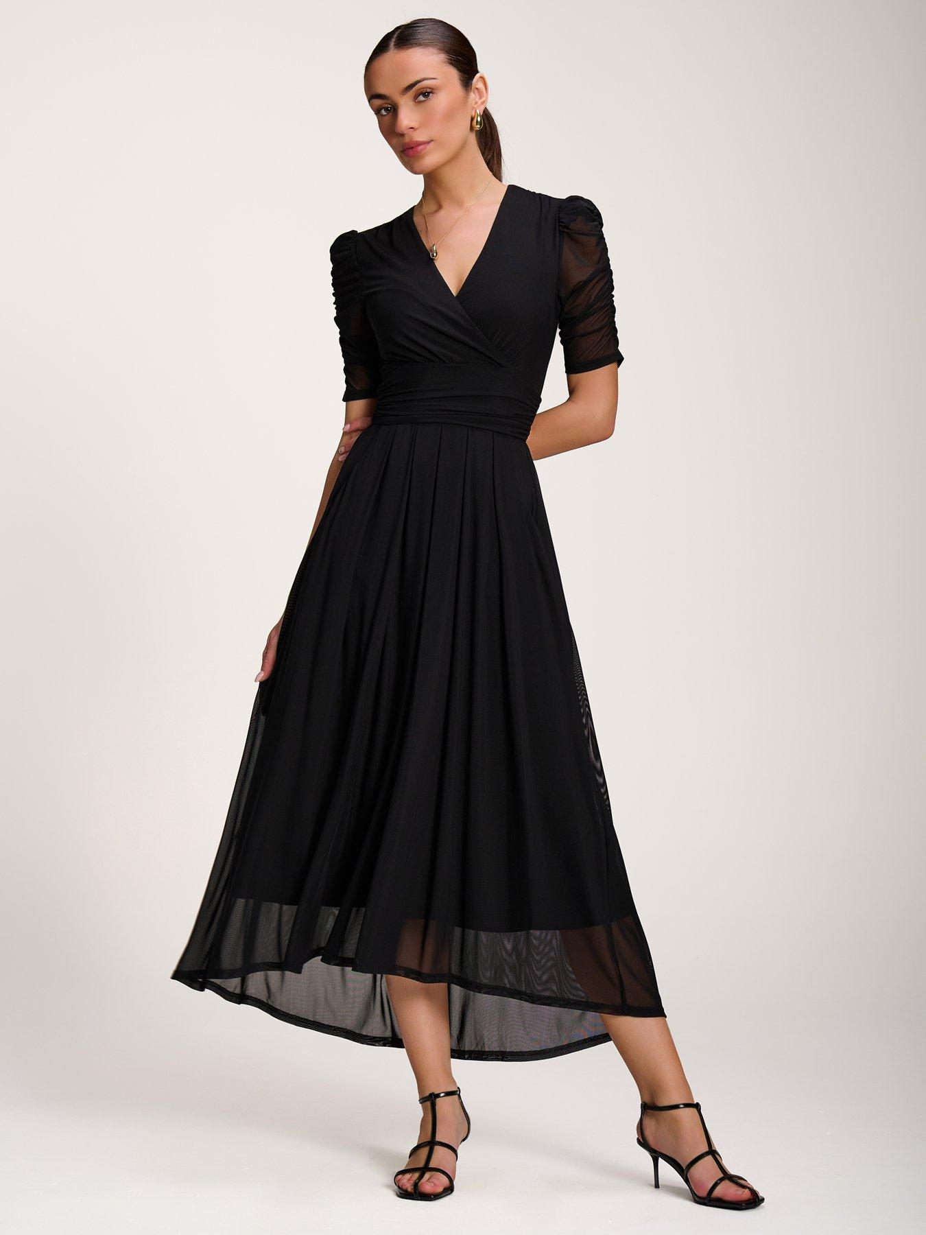 Jolie Moi Mesh Ruched Sleeve Maxi Dress - Black