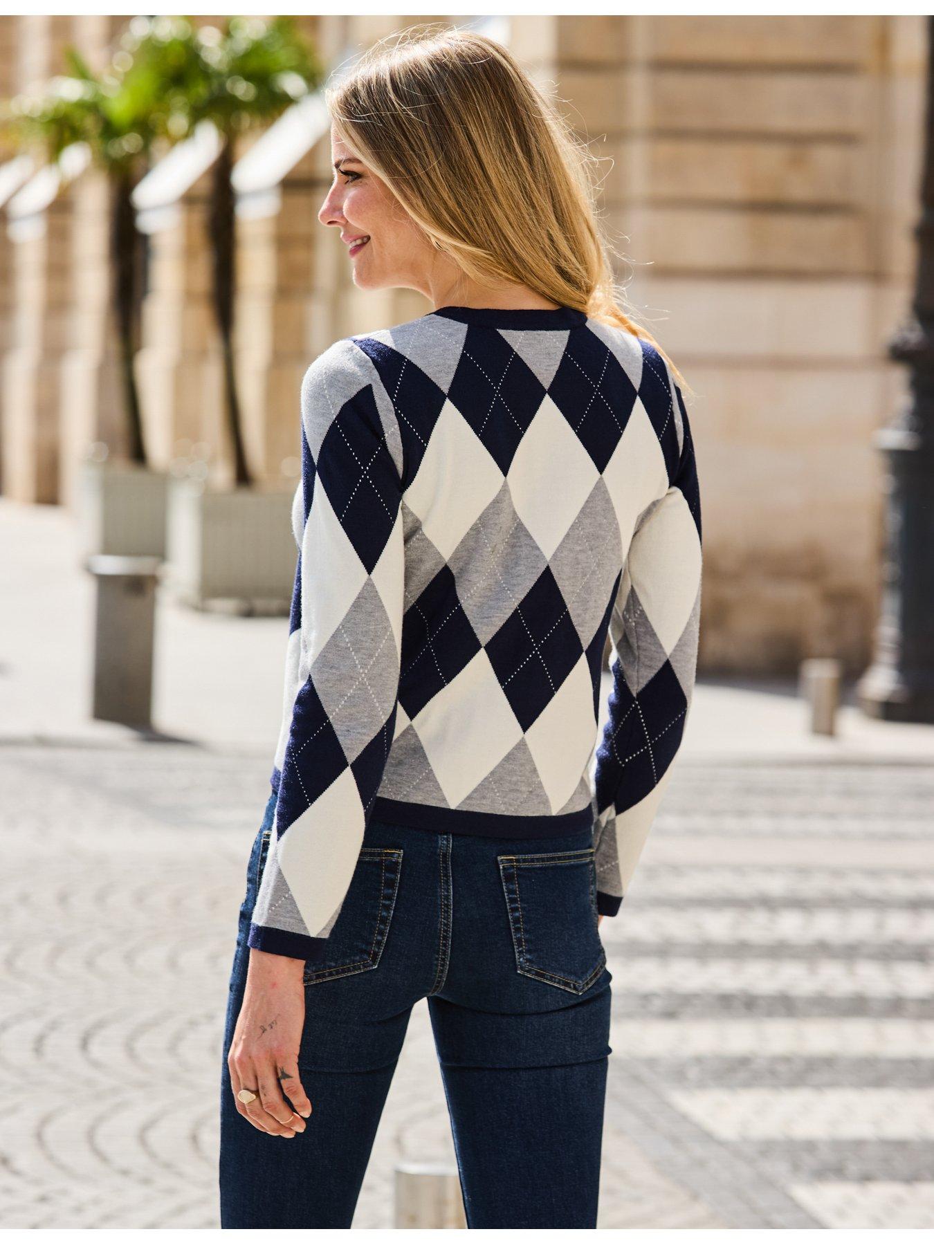 Image 3 of 6 of Sosandar Womens Argyle Gold Button Detail Cardigan - Navy