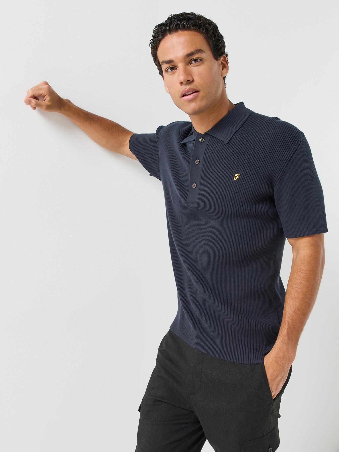 Image 1 of 4 of Farah Mens Ribbed Knitted Cotton Regular Fit Polo Shirt - Navy