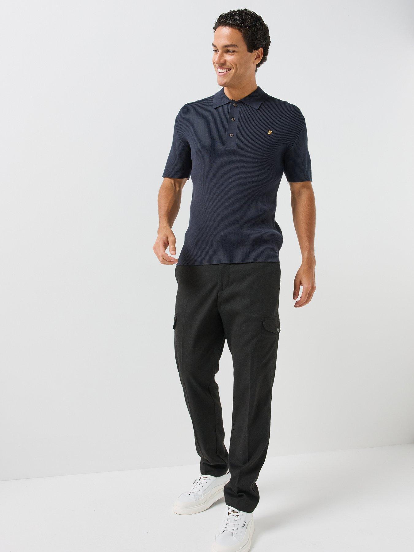 Image 3 of 4 of Farah Mens Ribbed Knitted Cotton Regular Fit Polo Shirt - Navy