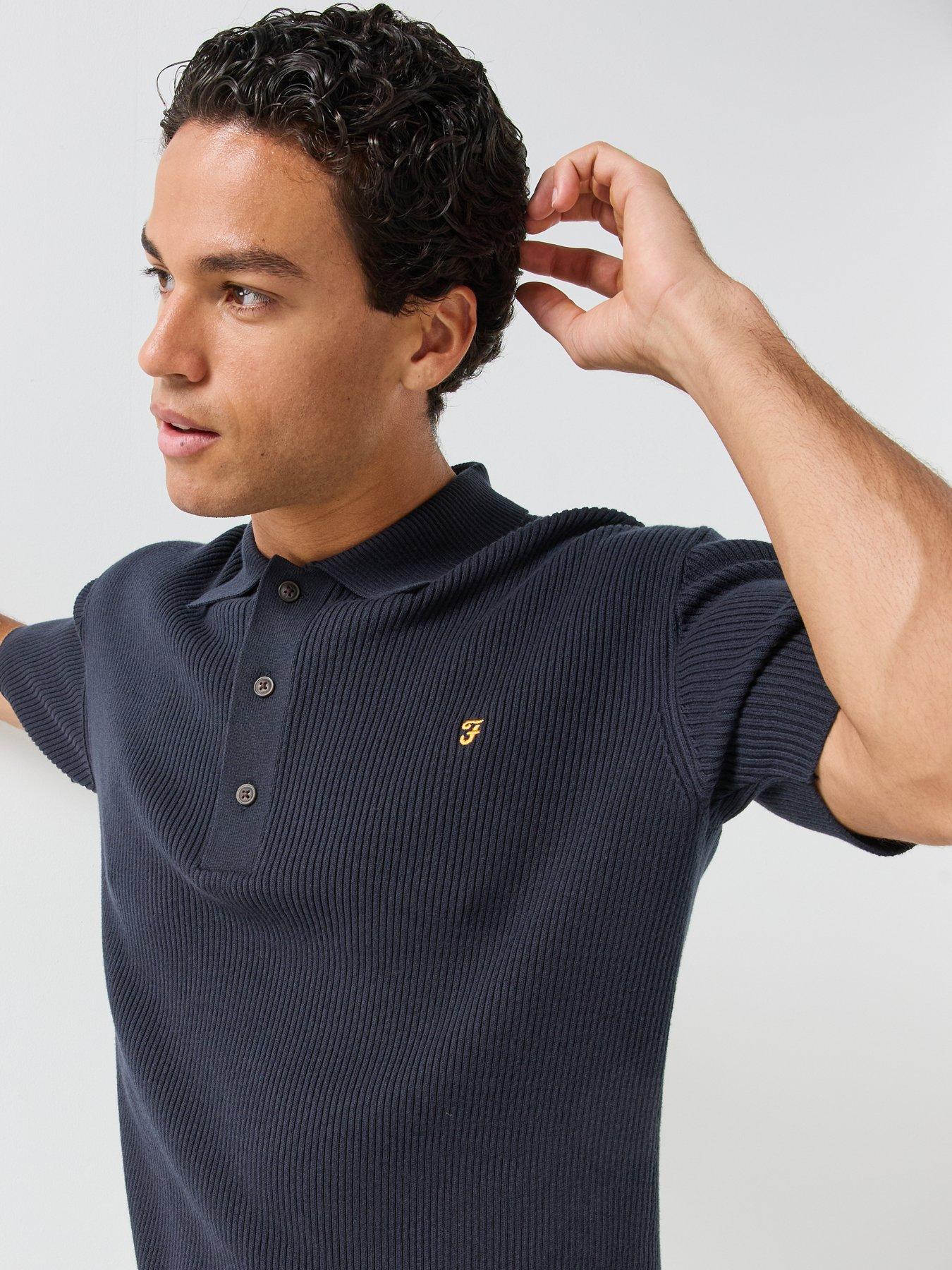 Image 4 of 4 of Farah Mens Ribbed Knitted Cotton Regular Fit Polo Shirt - Navy