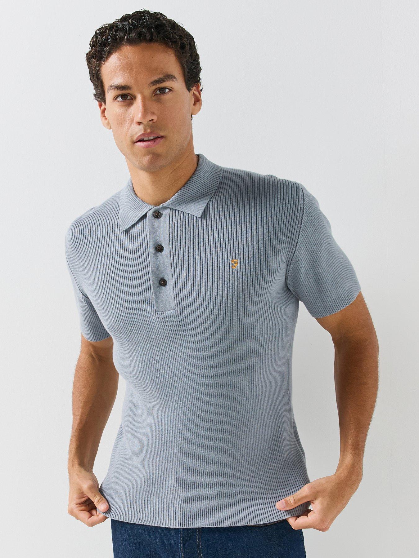 Image 1 of 6 of Farah Mens Ribbed Knit Regular Fit Polo Shirt - Blue