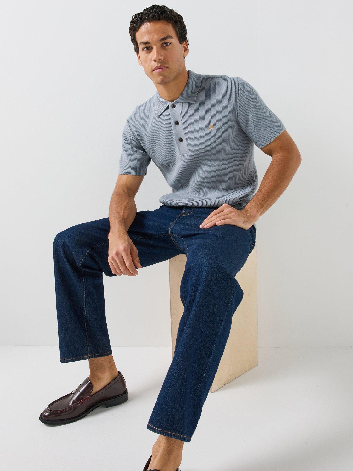 Image 3 of 6 of Farah Mens Ribbed Knit Regular Fit Polo Shirt - Blue