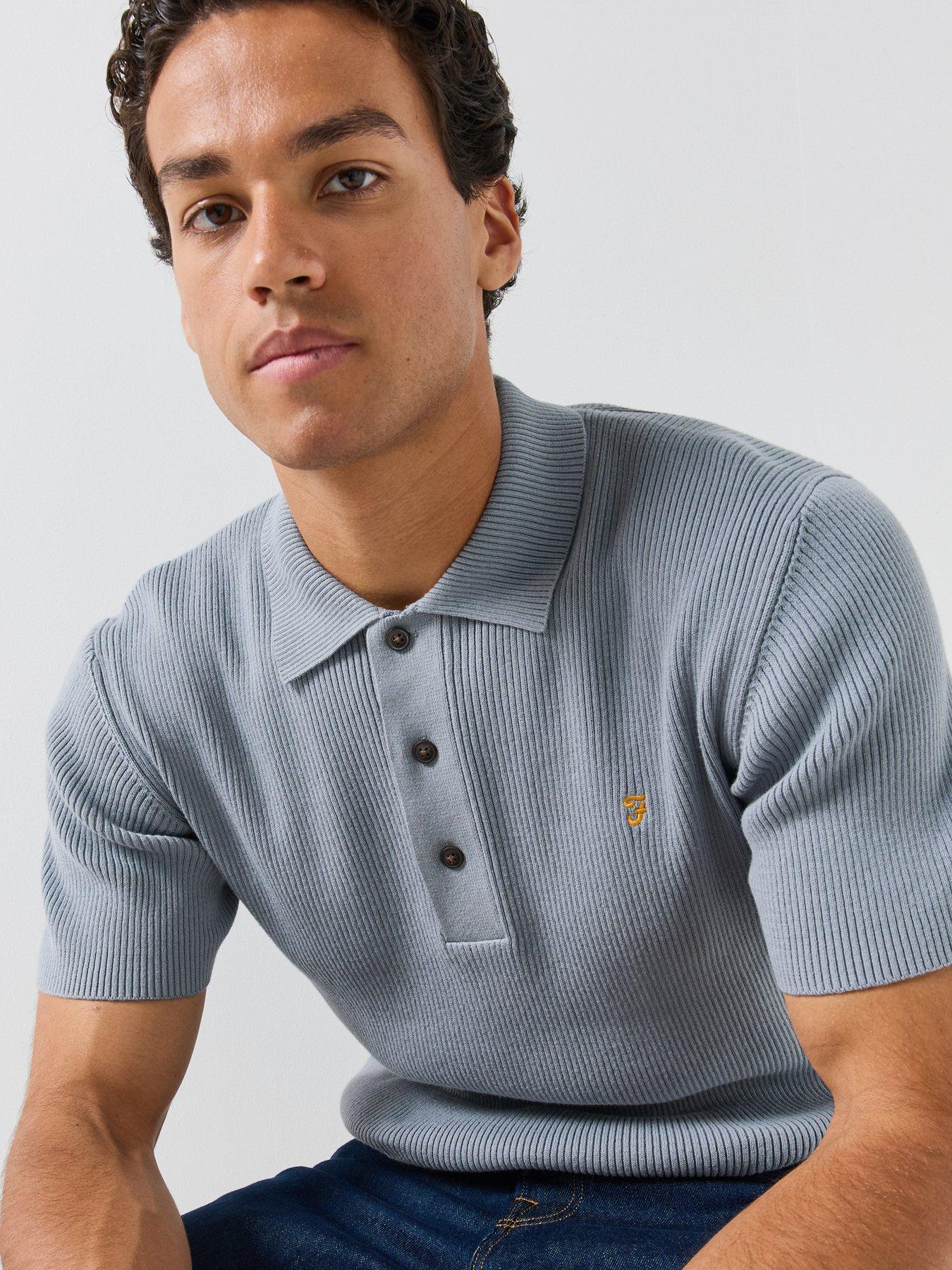 Image 4 of 6 of Farah Mens Ribbed Knit Regular Fit Polo Shirt - Blue