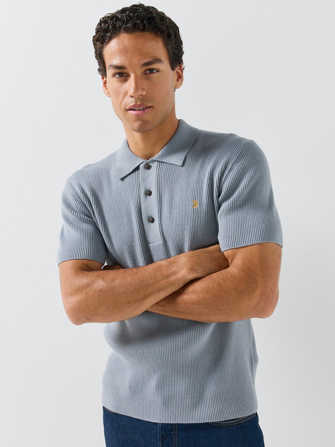 Image 5 of 6 of Farah Mens Ribbed Knit Regular Fit Polo Shirt - Blue