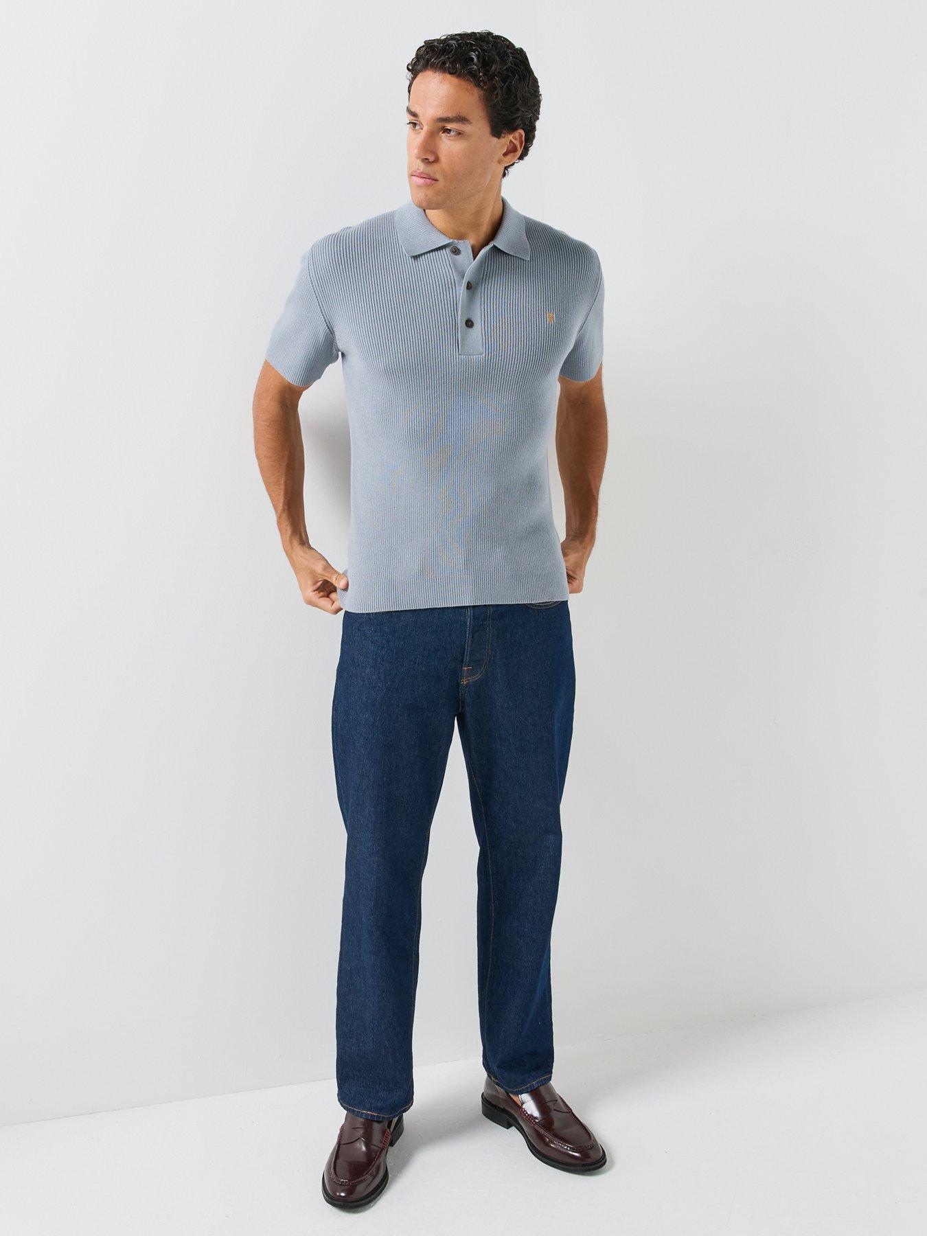 Image 6 of 6 of Farah Mens Ribbed Knit Regular Fit Polo Shirt - Blue