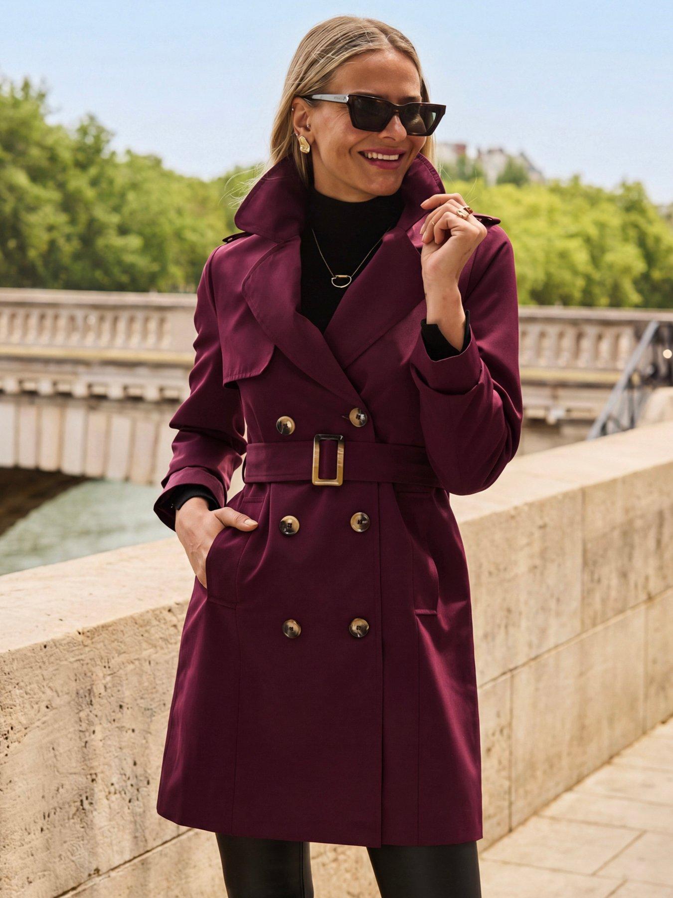Sosandar Double Breasted Trench Coat With Pockets - Burgundy