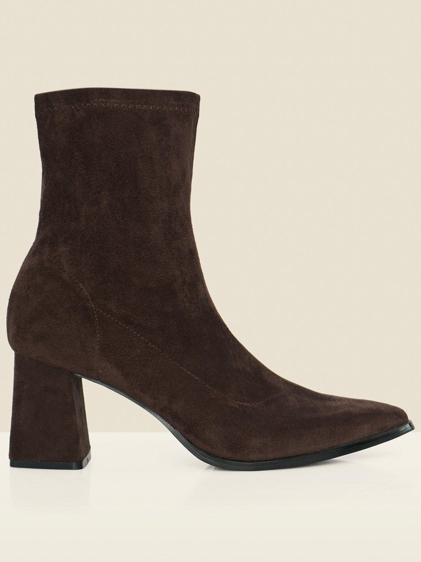 Sosandar Chocolate Brown Faux Suede Block Heel Ankle Boots
