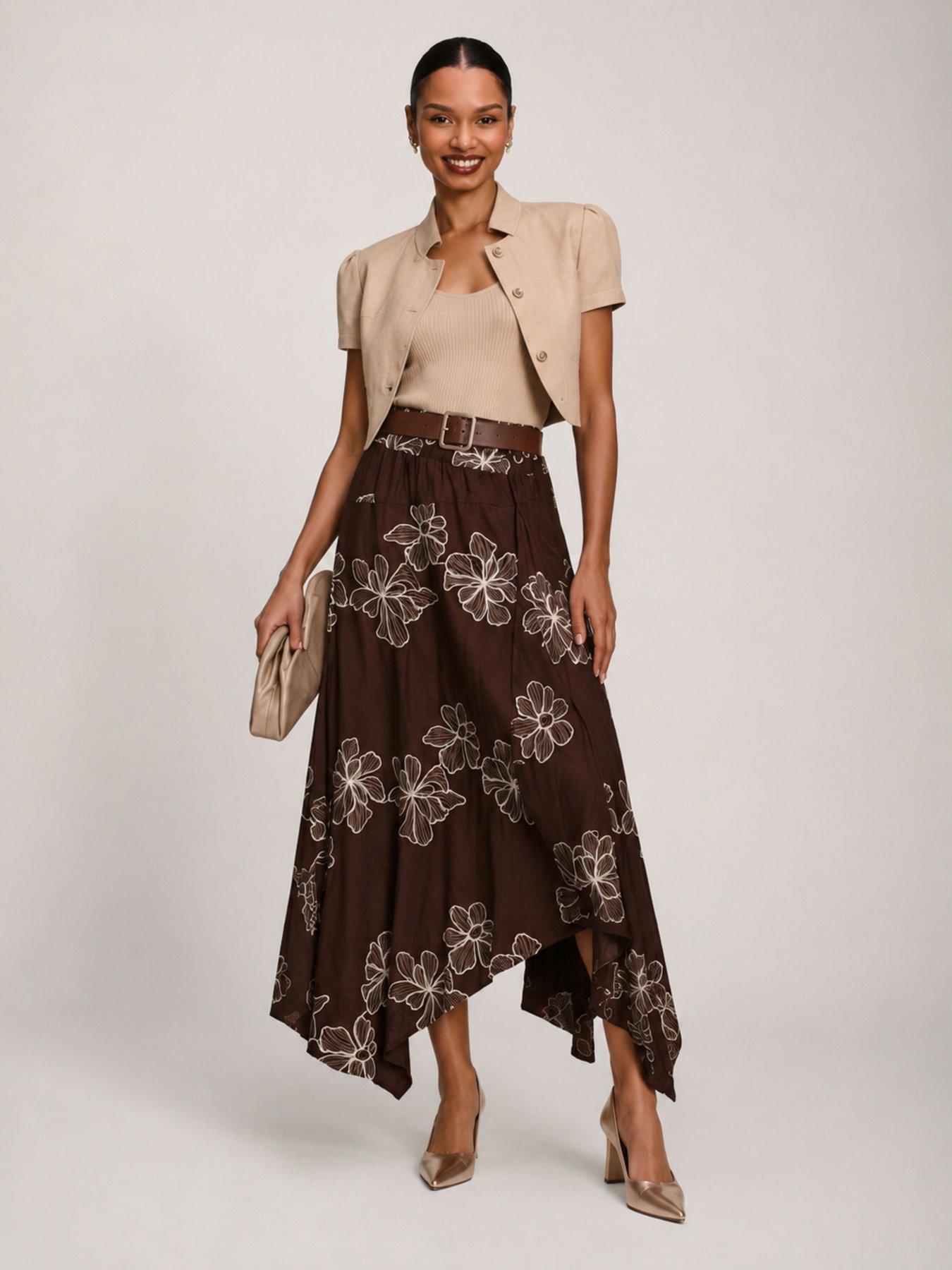 Jolie Moi Asymmetric Embroidered Midi Skirt - Brown