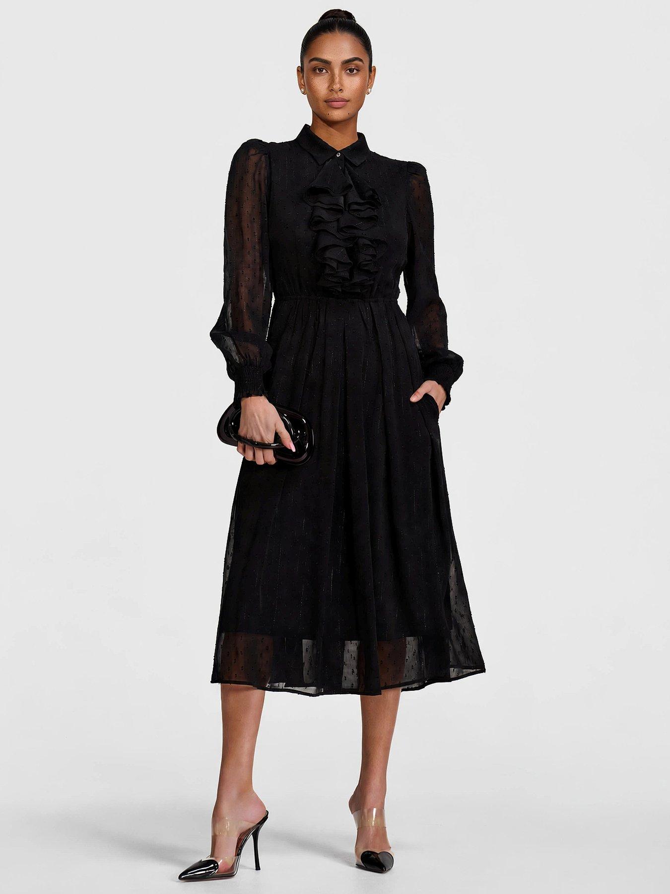 Jolie Moi Textured Chiffon Long Sleeve Shirt Dress - Black