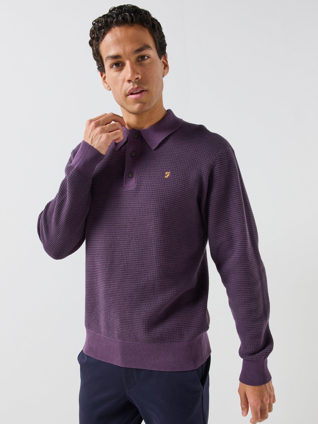 Image 1 of 4 of Farah Mens Knitted Loose Fit Long Sleeve Polo Shirt - Purple
