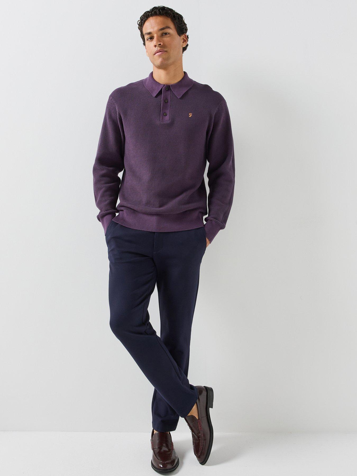 Image 3 of 4 of Farah Mens Knitted Loose Fit Long Sleeve Polo Shirt - Purple