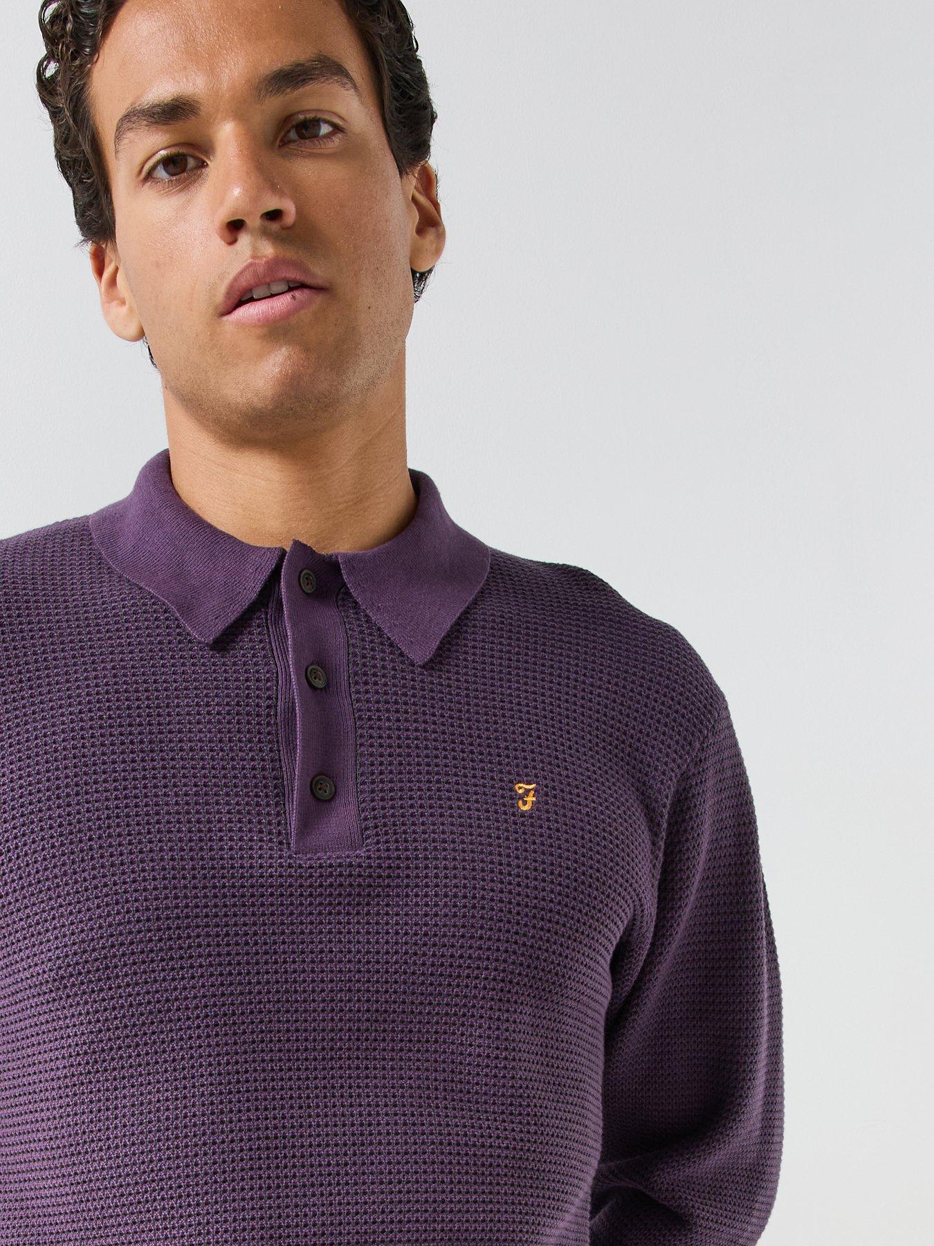 Image 4 of 4 of Farah Mens Knitted Loose Fit Long Sleeve Polo Shirt - Purple