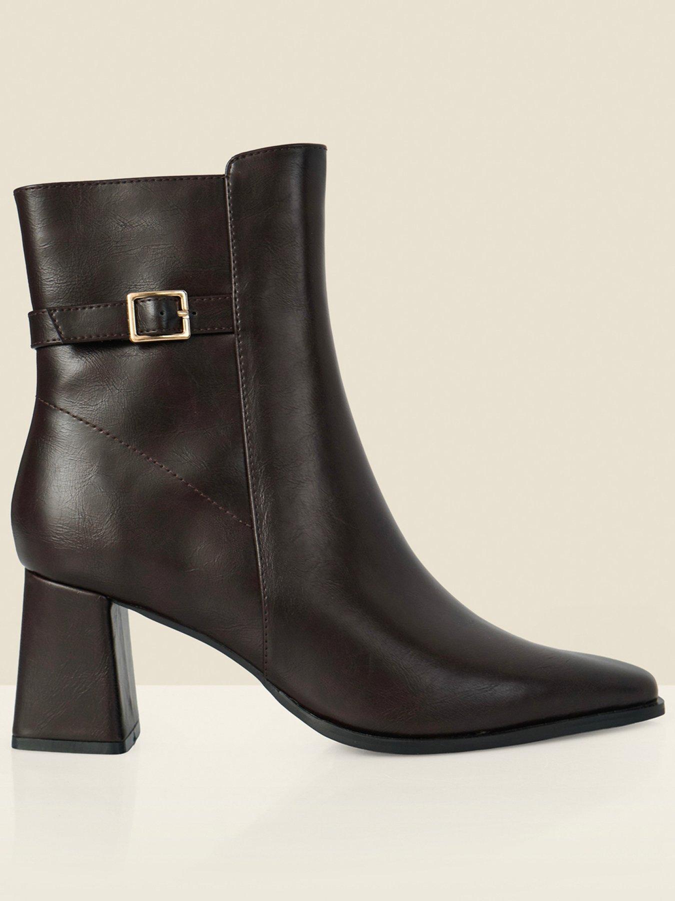 Sosandar Chocolate Brown Block Heel Ankle Boots With Buckle Trim