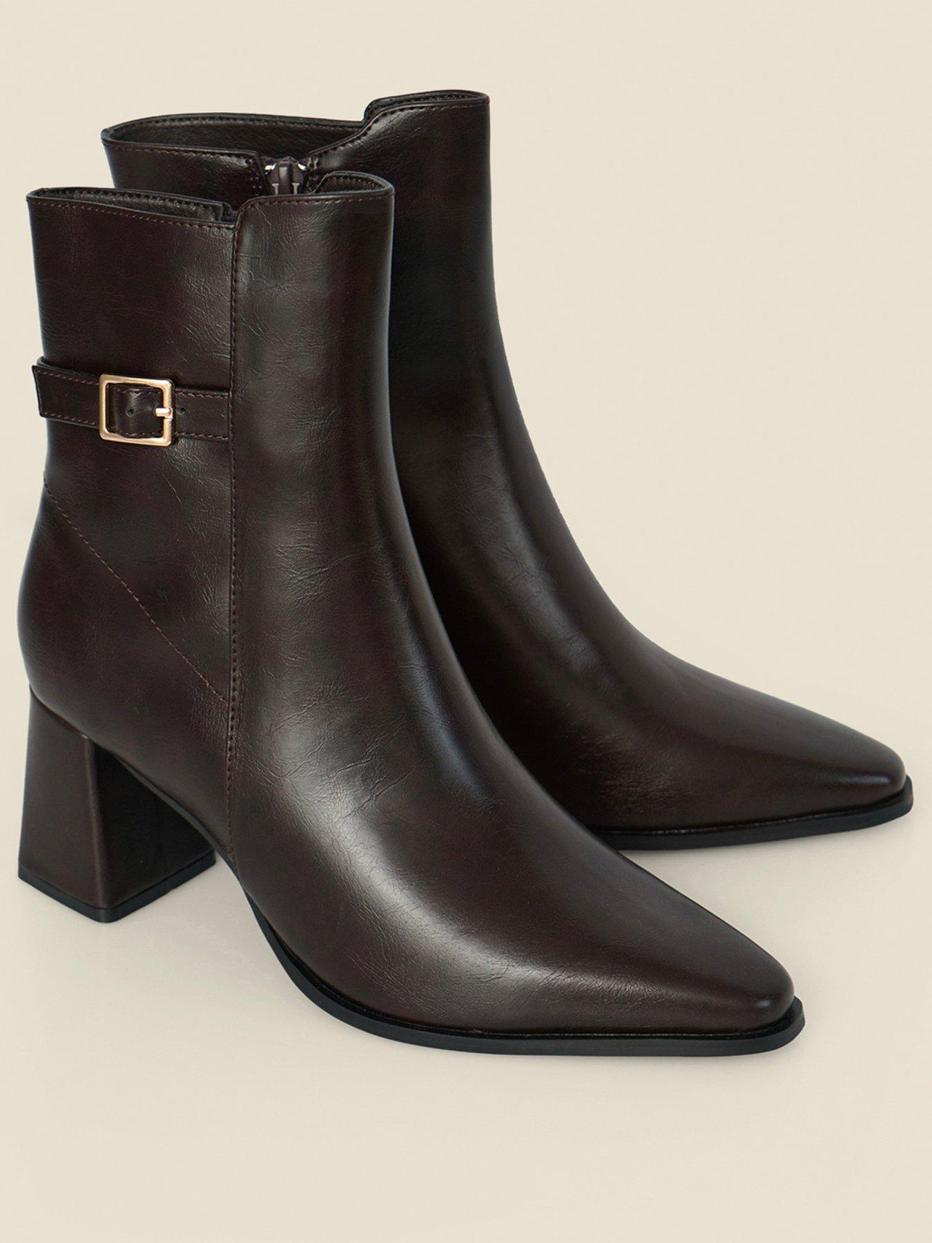 Image 2 of 4 of Sosandar Chocolate Brown Block Heel Ankle Boots With Buckle Trim