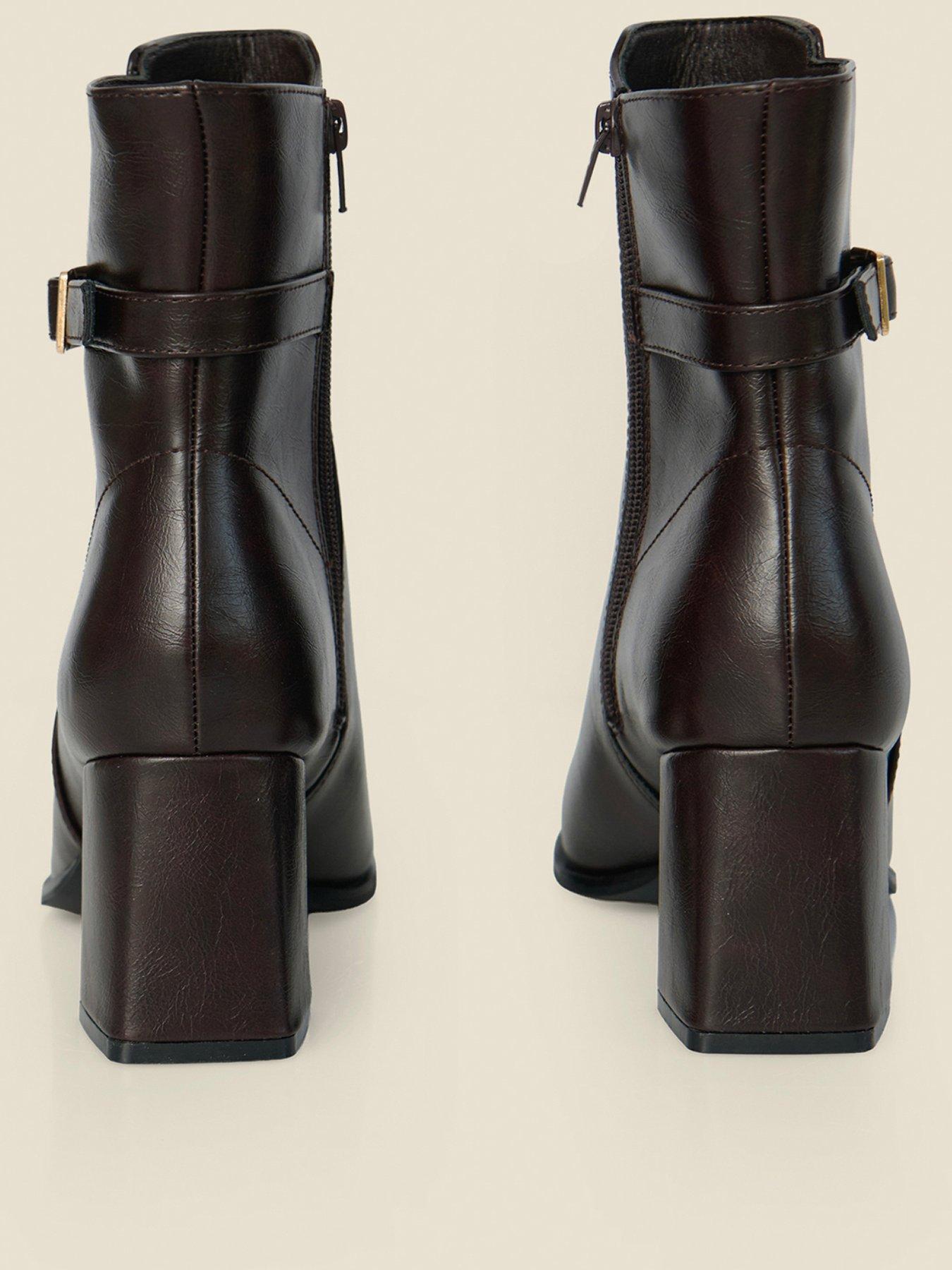 Image 3 of 4 of Sosandar Chocolate Brown Block Heel Ankle Boots With Buckle Trim