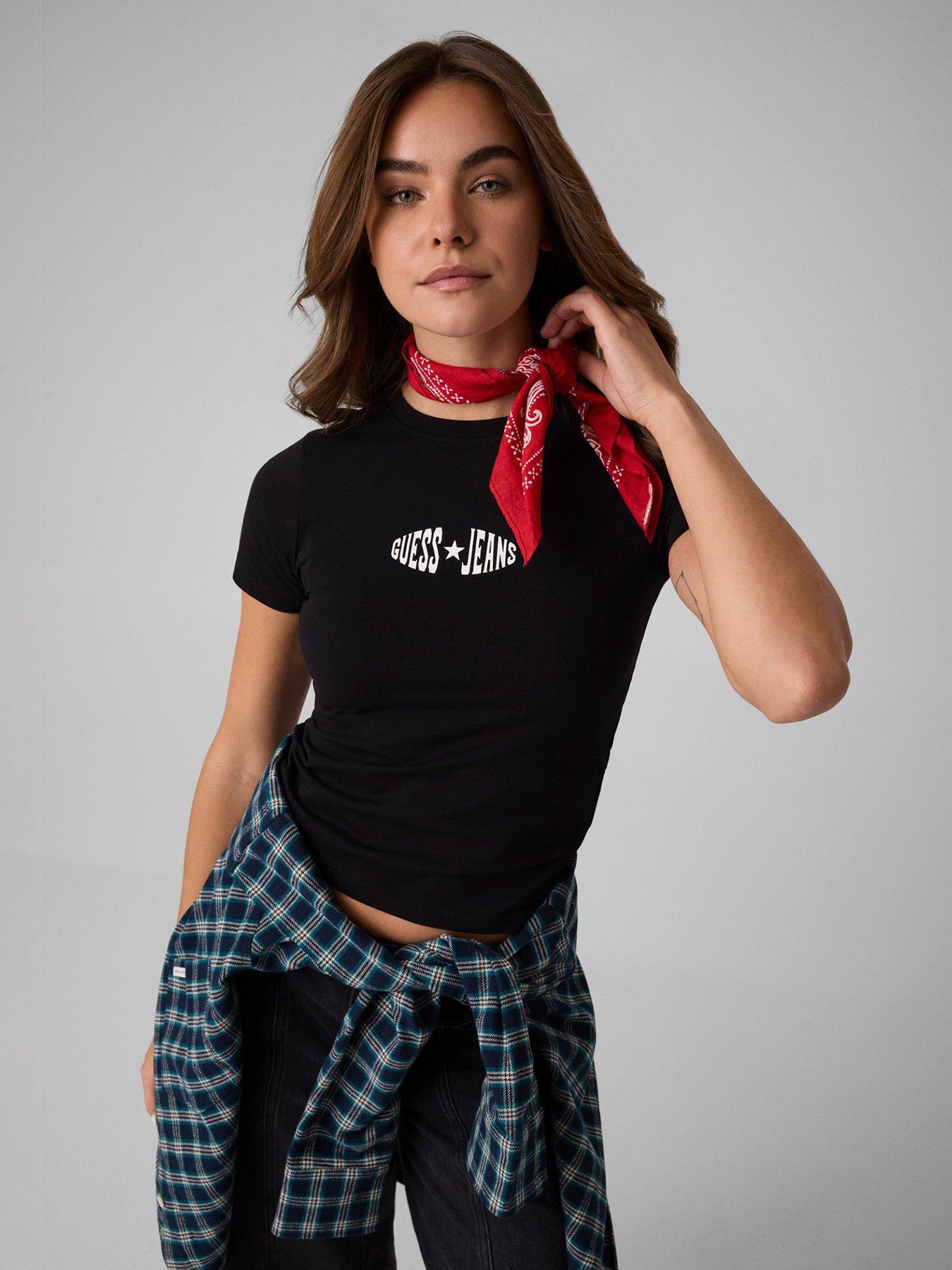 Image 1 of 4 of Guess Jeans Womens Slim Fit Stretch Cotton Logo T-Shirt - Black