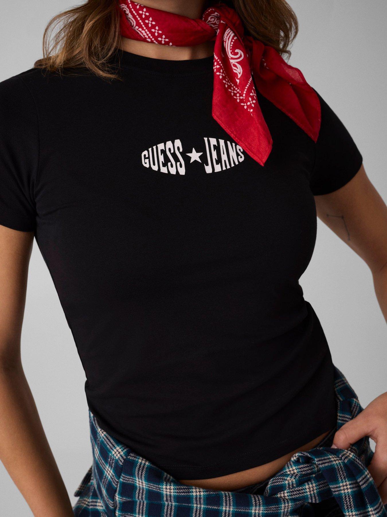 Image 4 of 4 of Guess Jeans Womens Slim Fit Stretch Cotton Logo T-Shirt - Black
