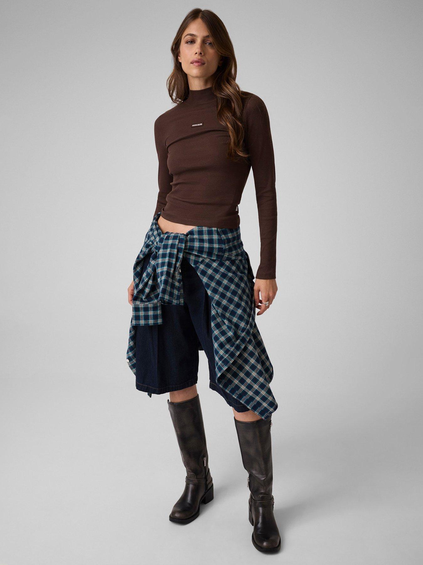 Image 2 of 4 of Guess Jeans Womens Mock Neck Ribbed Long Sleeve Top - Brown