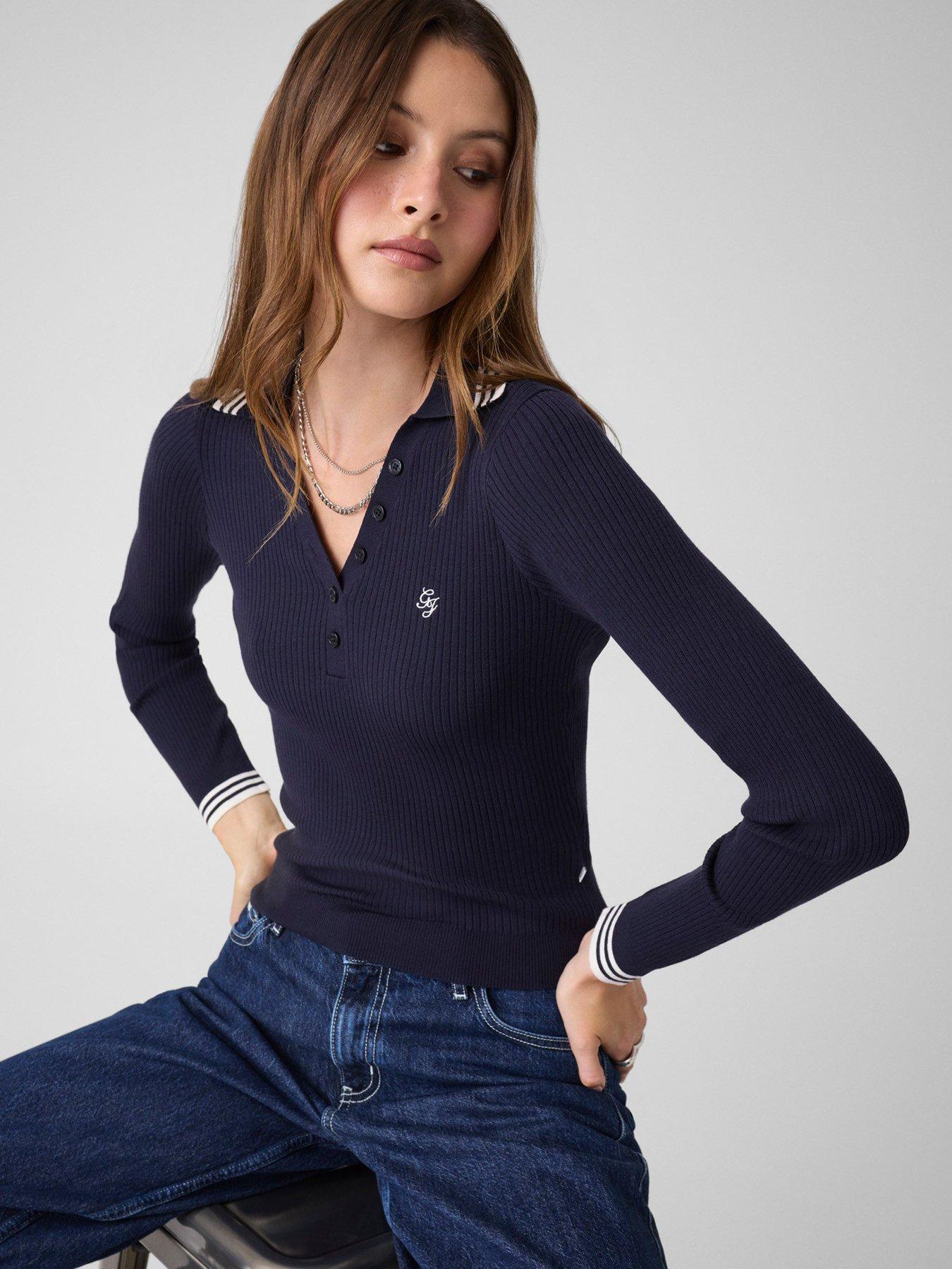 Image 1 of 5 of Guess Jeans Long Sleeve Polo Embellished Sweatshirt - Blue