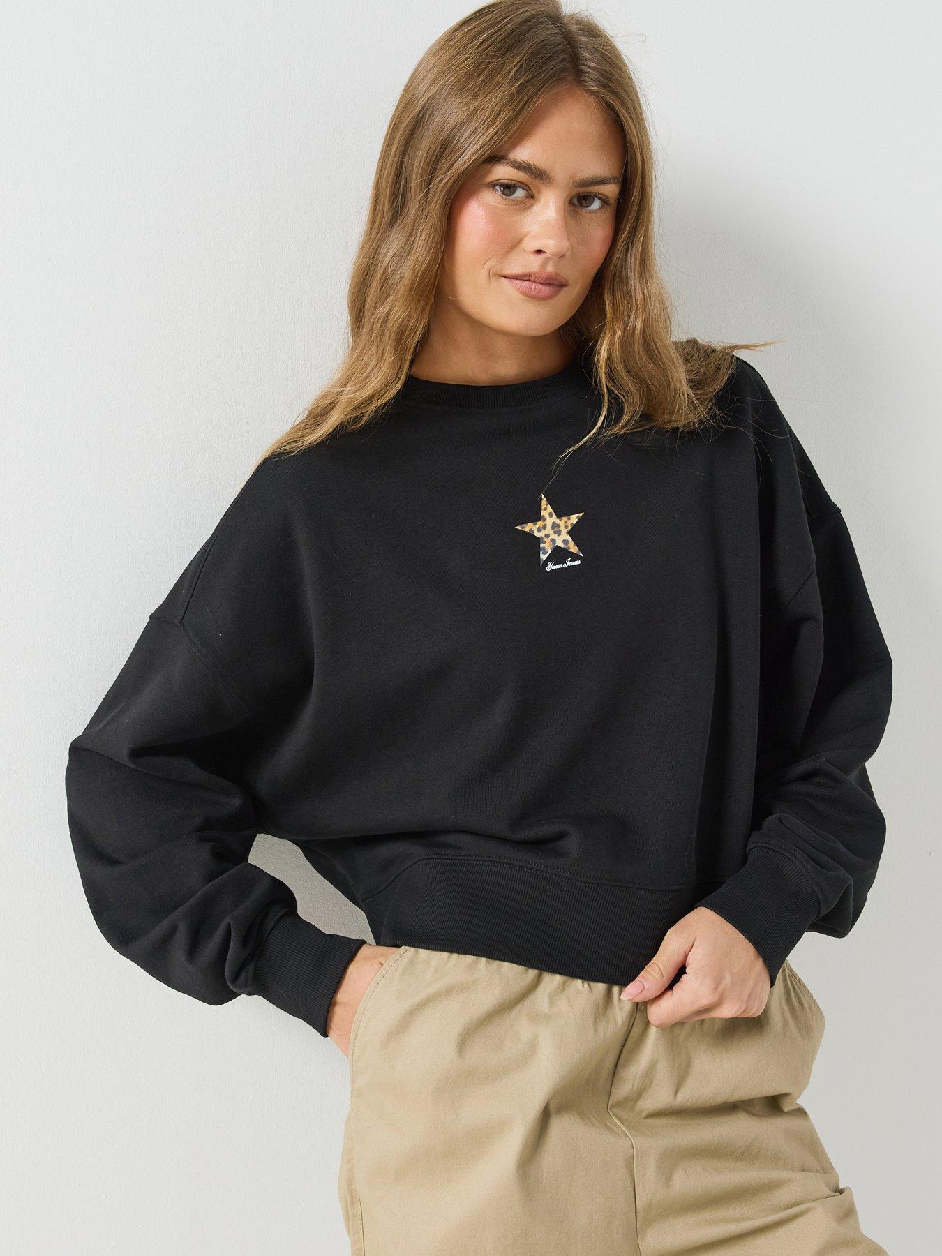 Image 1 of 6 of Guess Jeans Womens Cropped Drop Shoulder Leopard Sweatshirt - Black