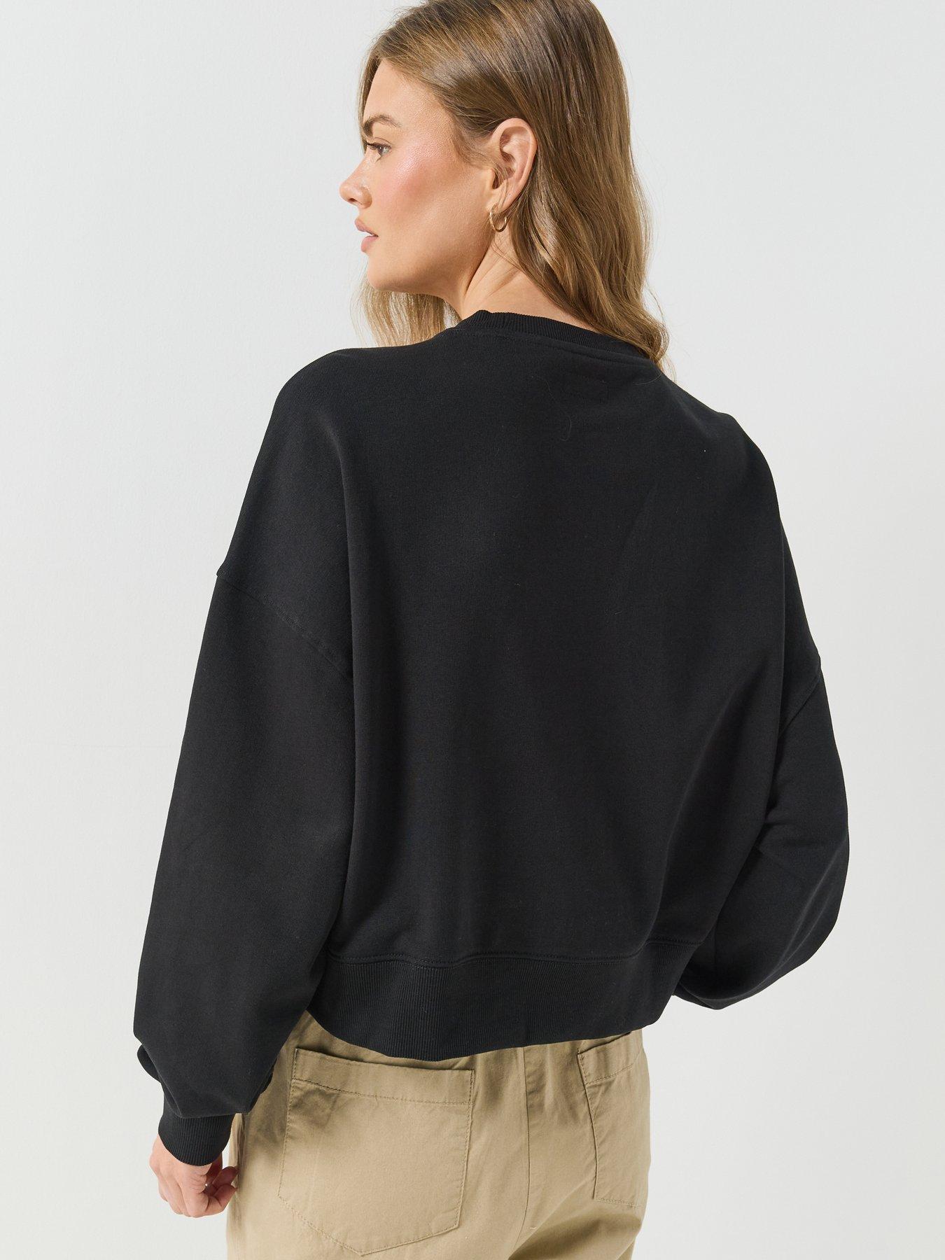 Image 2 of 6 of Guess Jeans Womens Cropped Drop Shoulder Leopard Sweatshirt - Black
