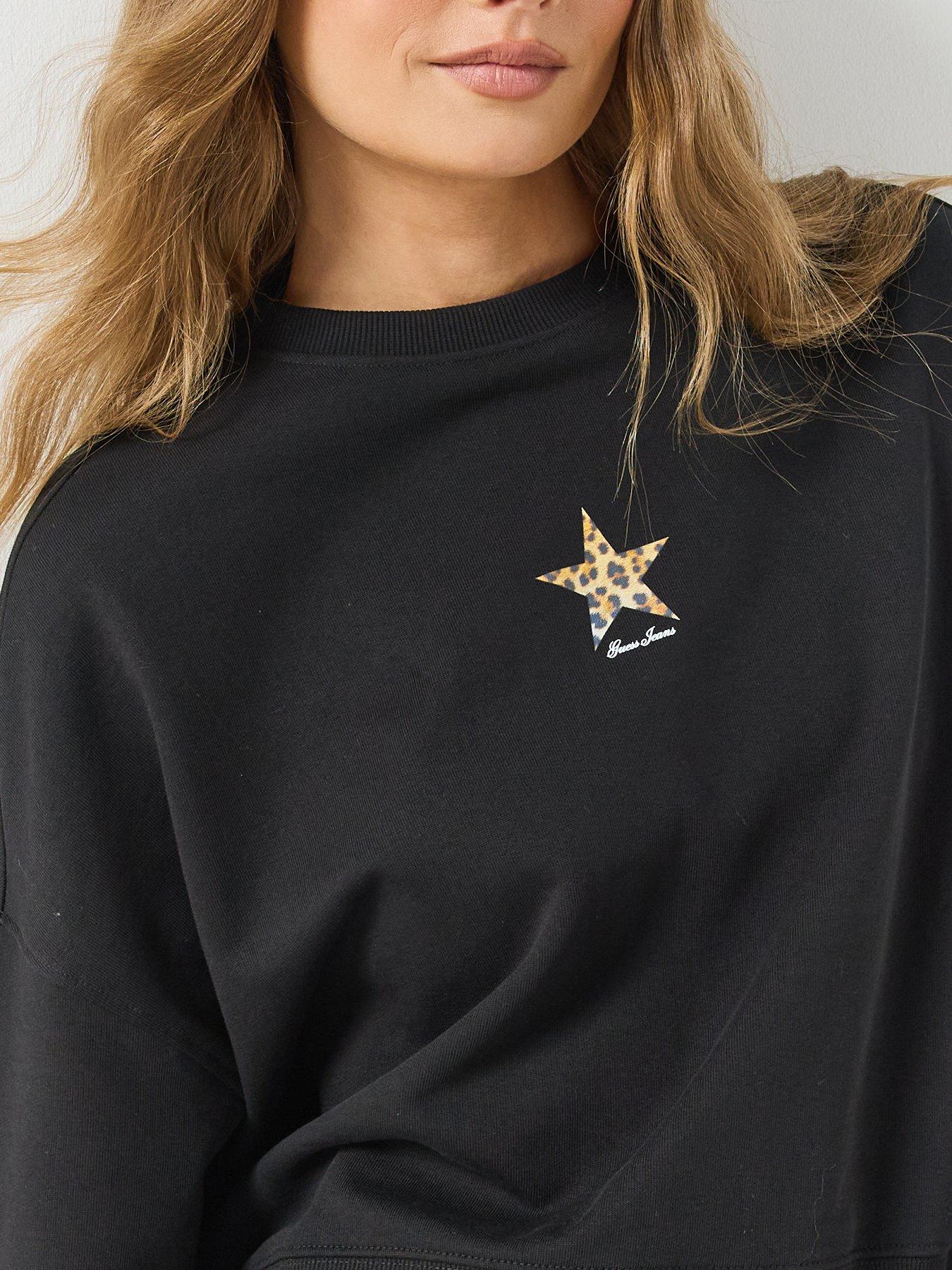 Image 4 of 6 of Guess Jeans Womens Cropped Drop Shoulder Leopard Sweatshirt - Black