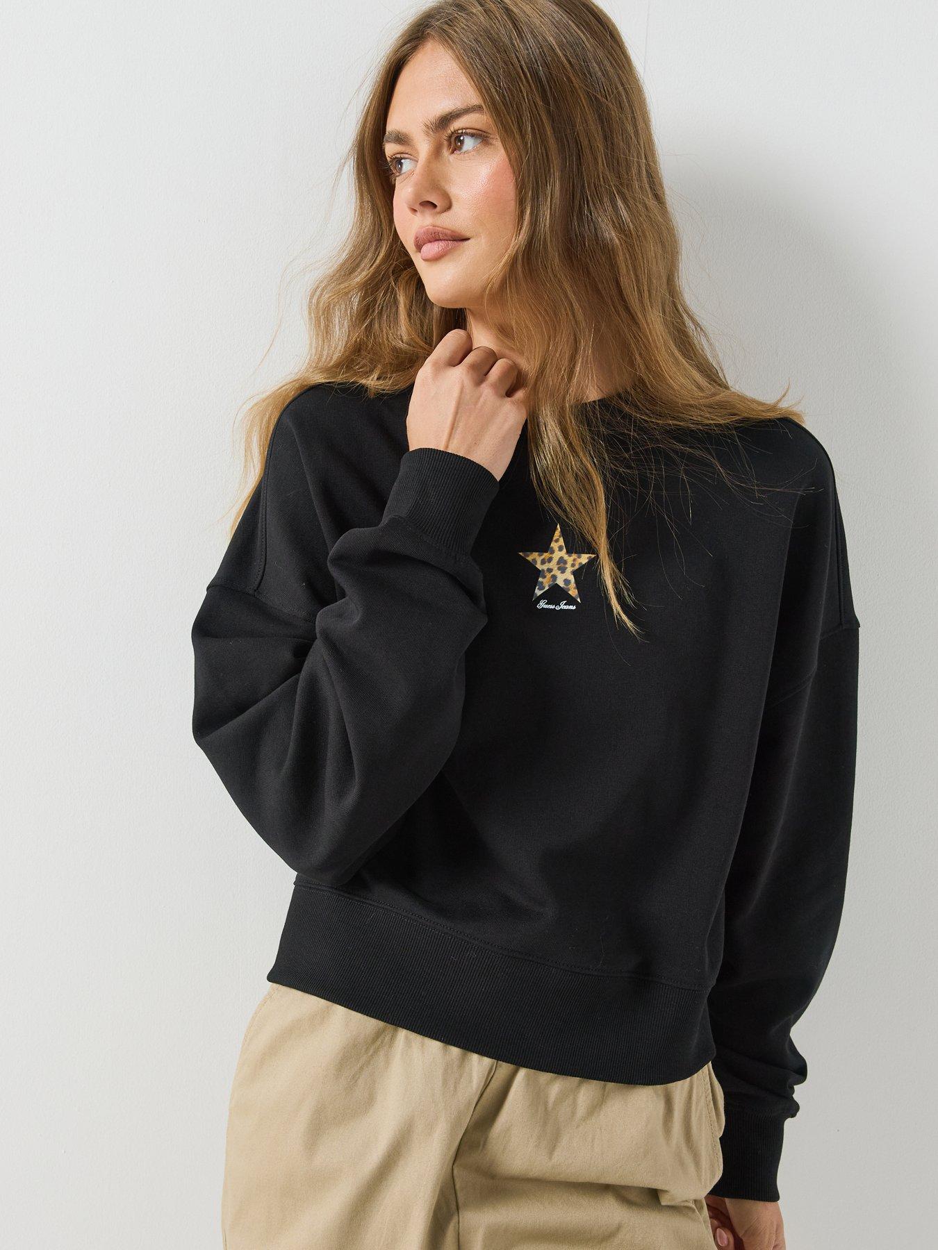 Image 5 of 6 of Guess Jeans Womens Cropped Drop Shoulder Leopard Sweatshirt - Black