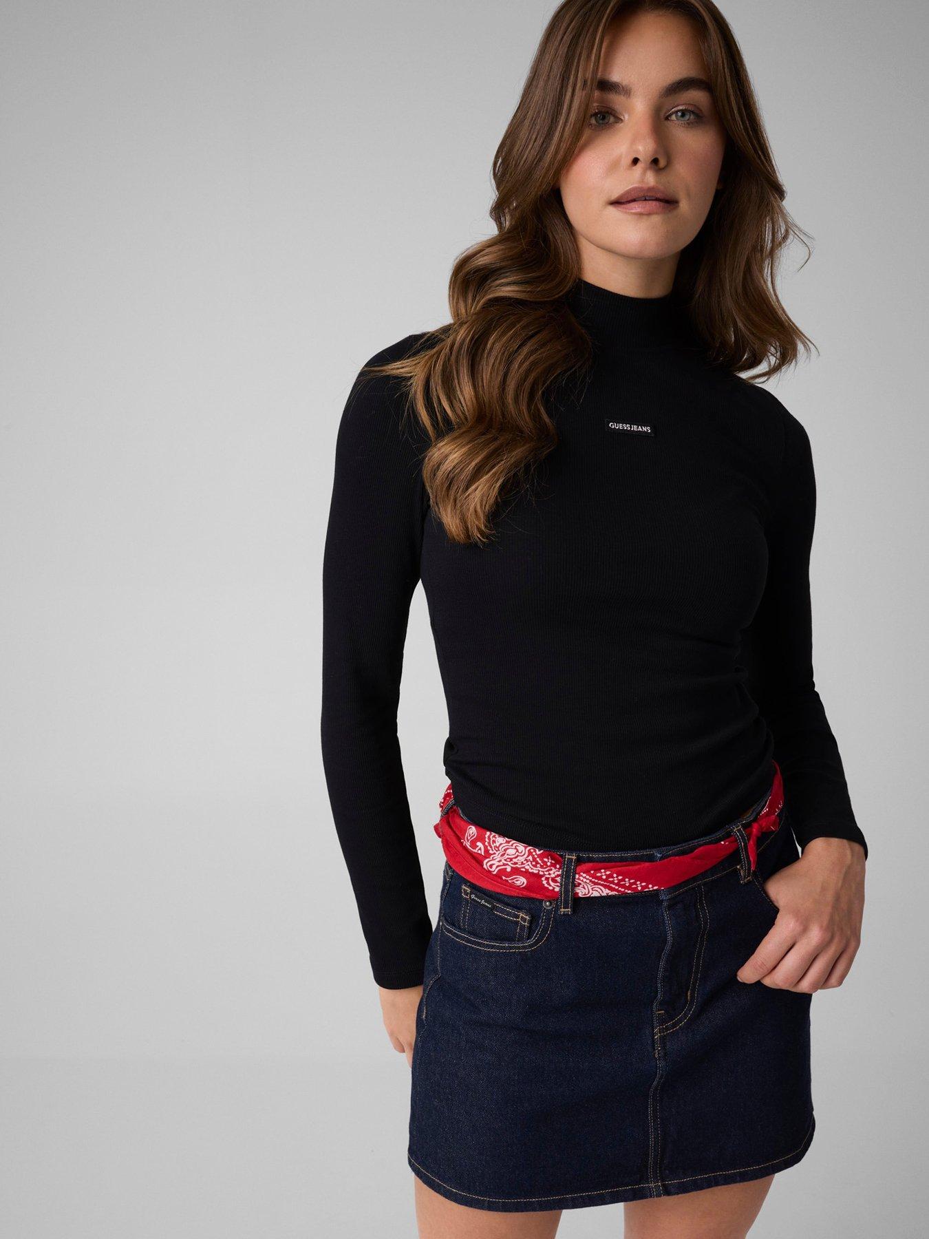 Image 1 of 4 of Guess Jeans Womens Slim Fit Ribbed Mock Neck Top - Black