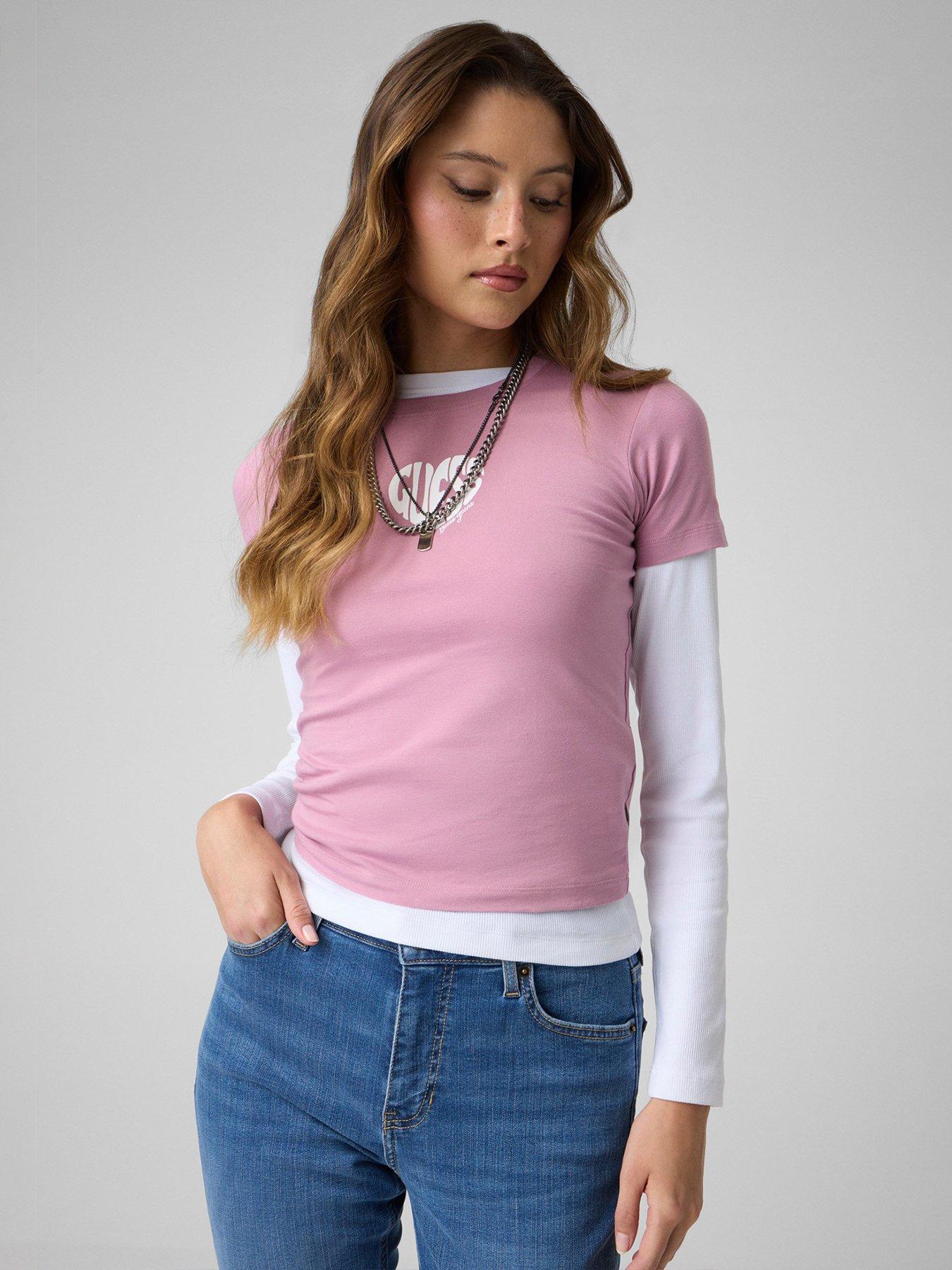 Image 1 of 4 of Guess Jeans Womens Puff Heart Logo Stretch Slim Fit T-Shirt - Pink