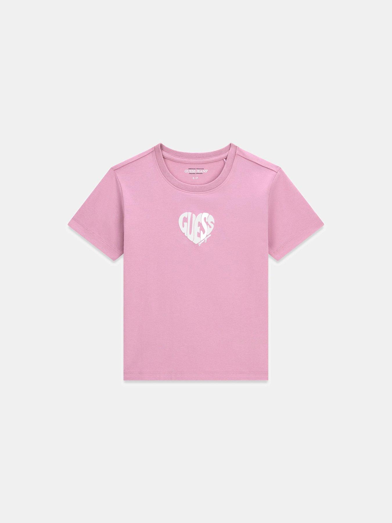 Image 4 of 4 of Guess Jeans Womens Puff Heart Logo Stretch Slim Fit T-Shirt - Pink