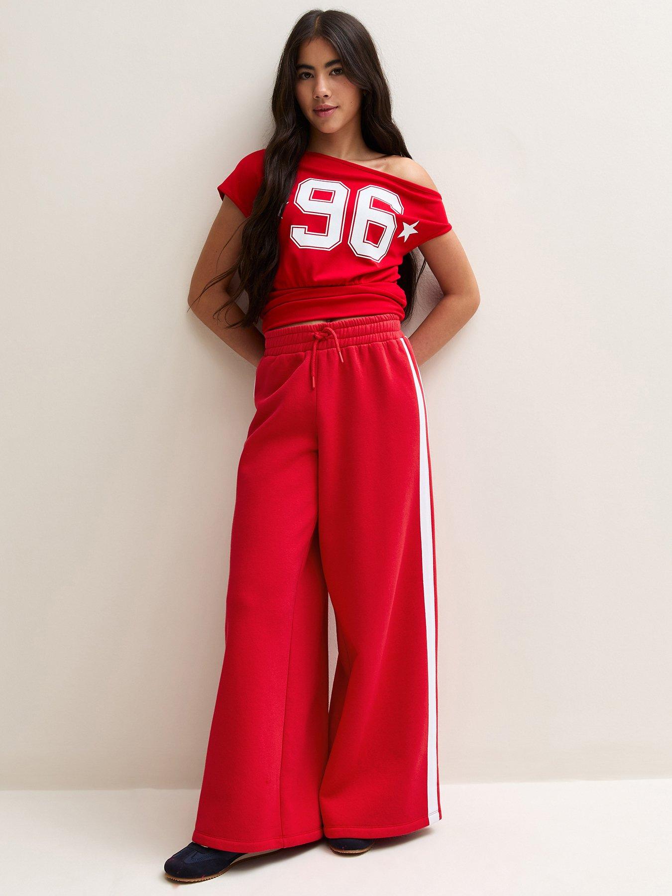 Image 1 of 6 of New Look 915 Girls Bright Red Side Stripe Wide Leg Joggers